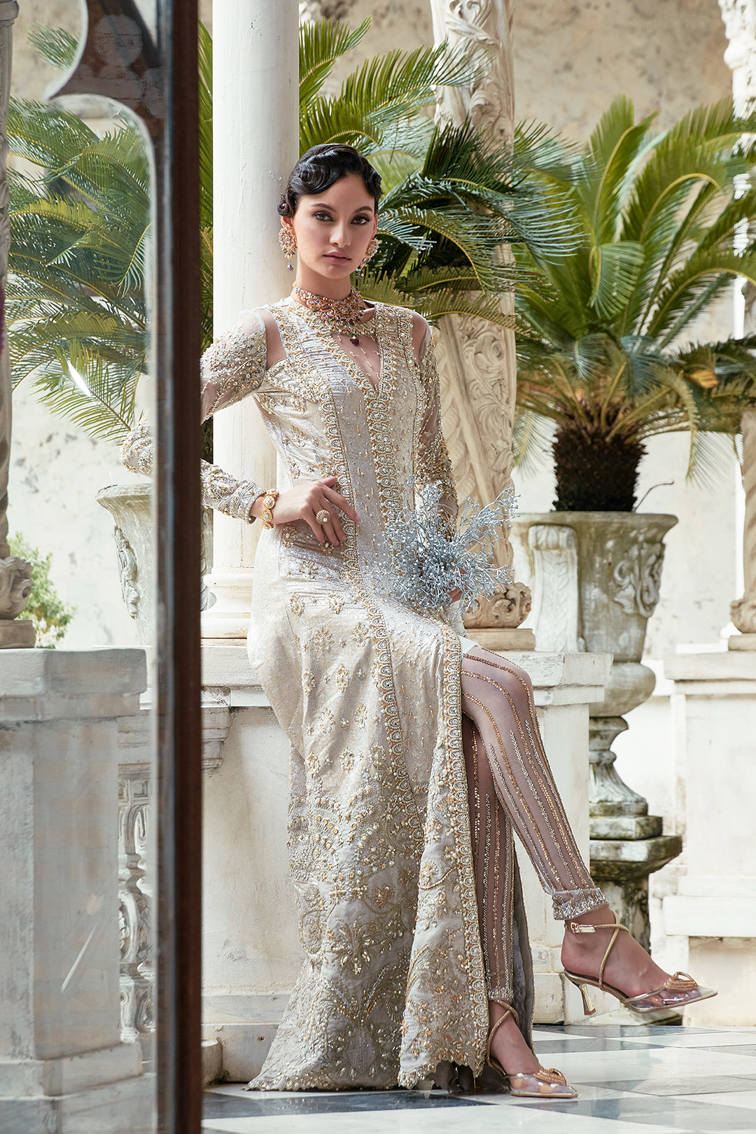 Silver Grey Embroidered Net Gown (2-Piece) - Image 4