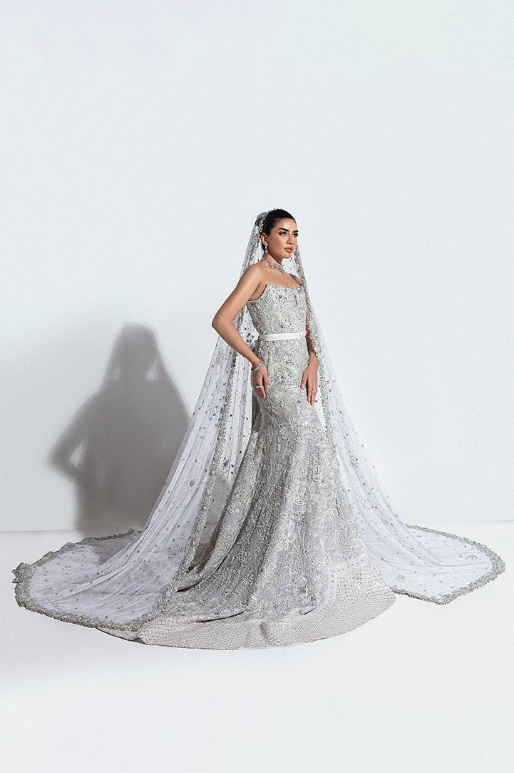 Pakistani Silver Embroidered Net Bridal Gown (2-Piece) - Image 4