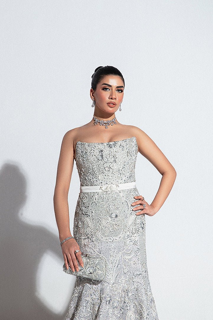 Pakistani Silver Embroidered Net Bridal Gown (2-Piece) - Image 5