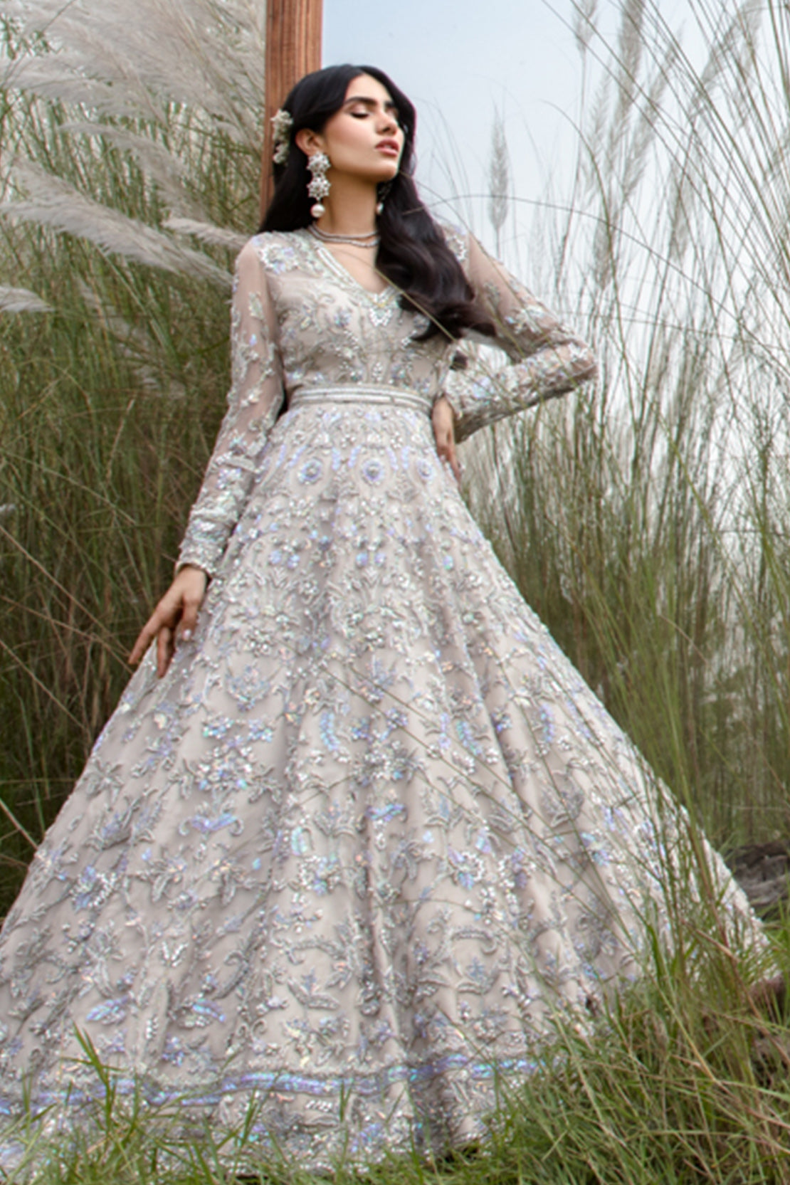 Pakistani Silver Grey Embellished Net Silk Bridal Gown (2-Piece) - Image 6