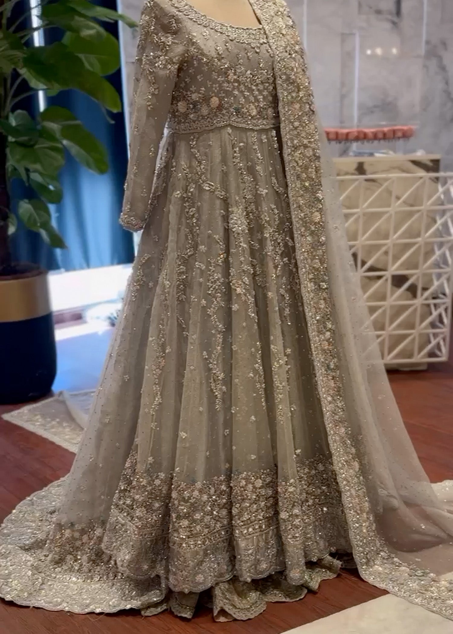 Pakistani Silver Grey Hand Embroidered Net Bridal Gown (2-Piece) - Image 1