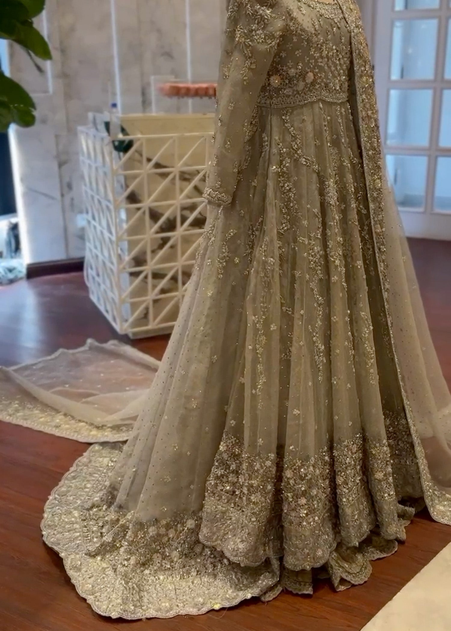 Pakistani Silver Grey Hand Embroidered Net Bridal Gown (2-Piece) - Image 2