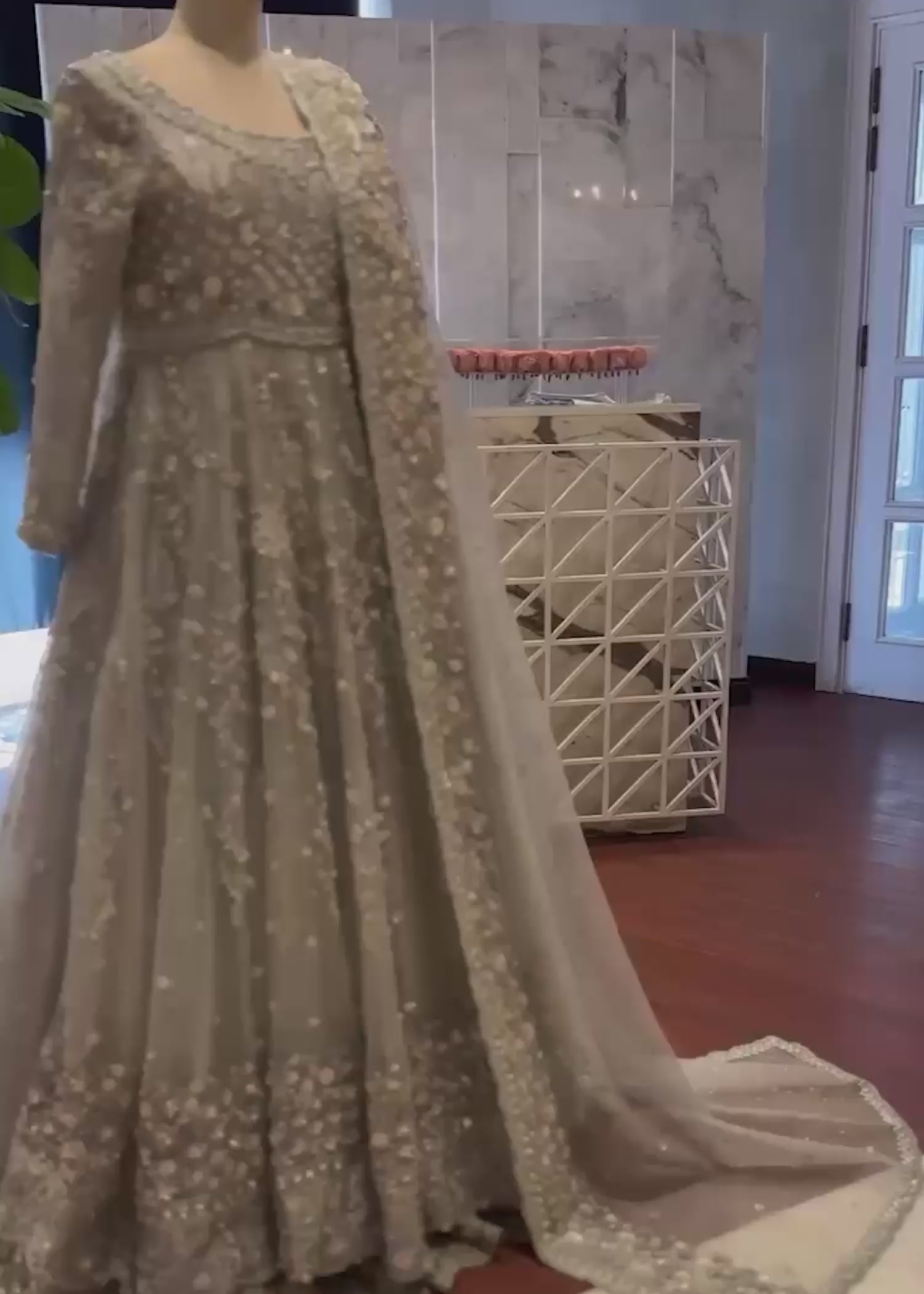 Pakistani Silver Grey Hand Embroidered Net Bridal Gown (2-Piece) - Image 3