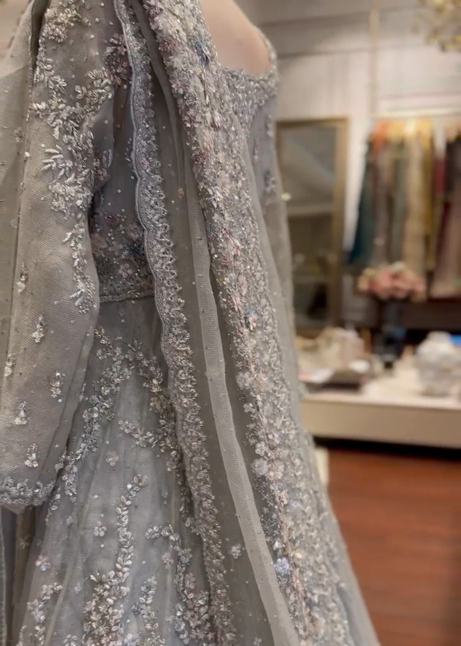 Pakistani Silver Grey Hand Embroidered Net Bridal Gown (2-Piece) - Image 5