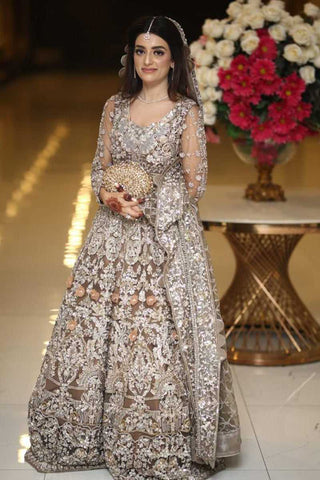 Pakistani Silver Grey Embellished Net Bridal Lehenga Gown (2-Piece) - Image 2