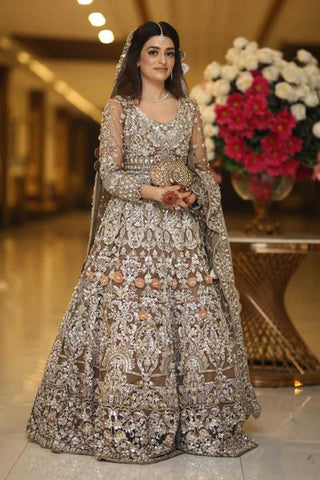 Pakistani Silver Grey Embellished Net Bridal Lehenga Gown (2-Piece) - Image 3