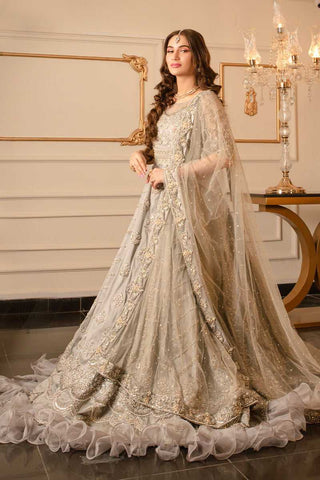 Silver Grey Embellished Net Bridal Gown (2-Piece) - Image 2