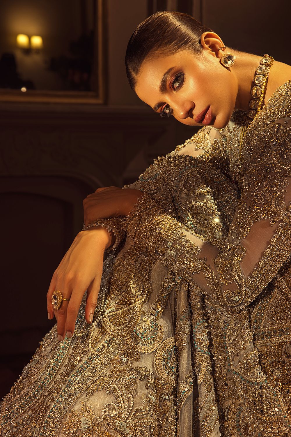 Pakistani Silver Grey Embellished Net Bridal Gown (2-Piece) - Image 3