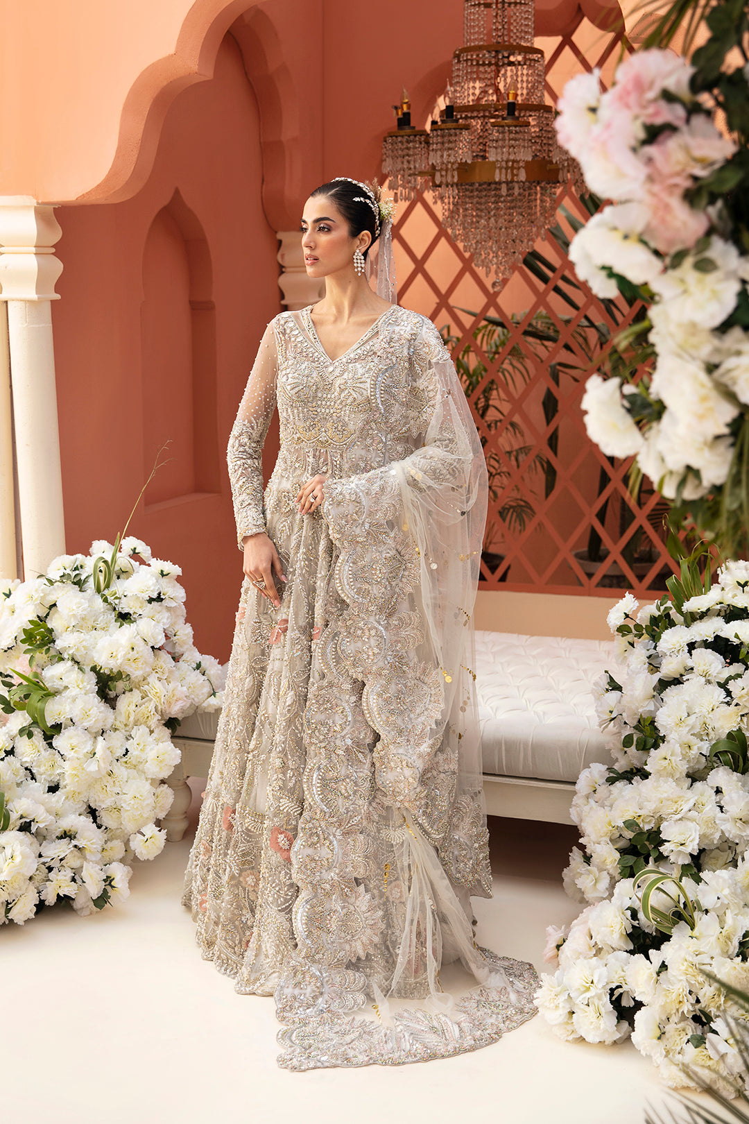 Silver Embellished Net Bridal Gown (2-Piece) - Image 1