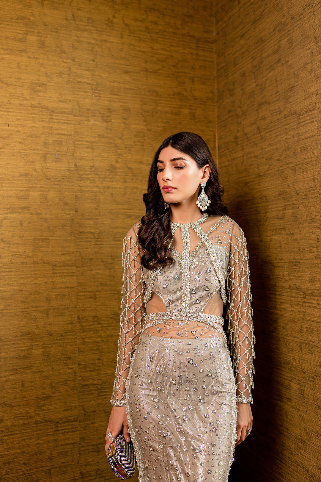 Pakistani Silver Embellished Net Gown (1-Pc) - Image 3