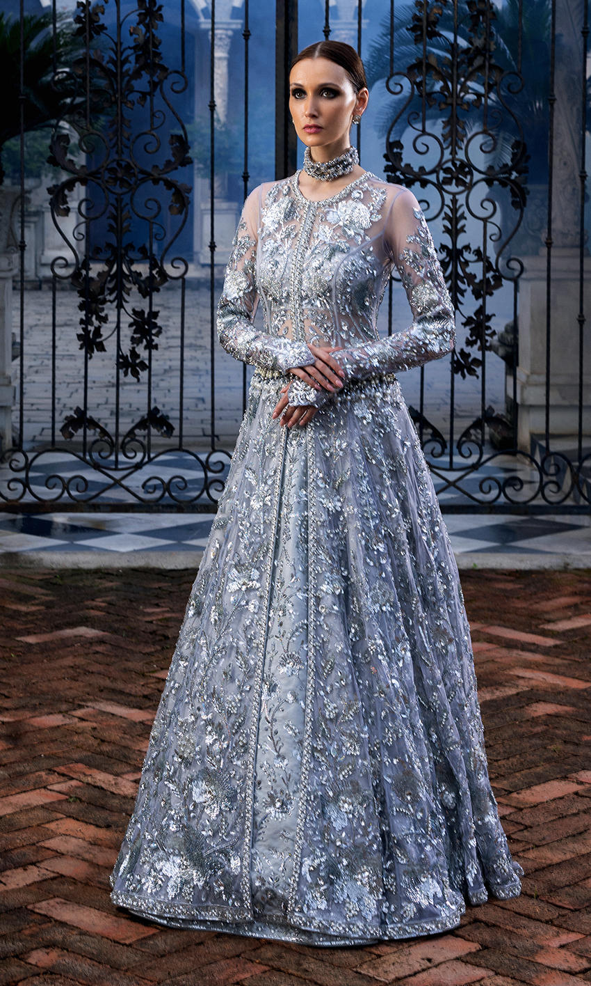 Pakistani Silver Embellished Net Gown (1-Pc) - Image 1