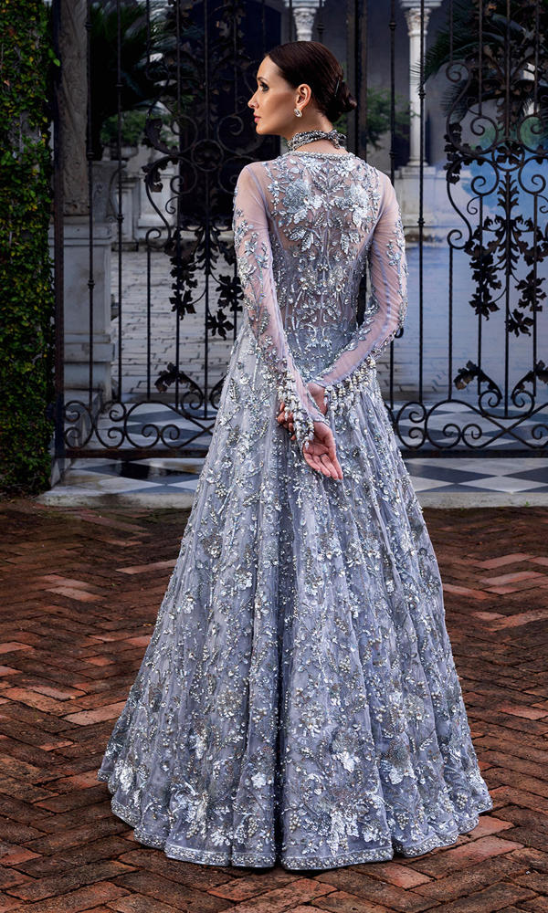 Pakistani Silver Embellished Net Gown (1-Pc) - Image 4