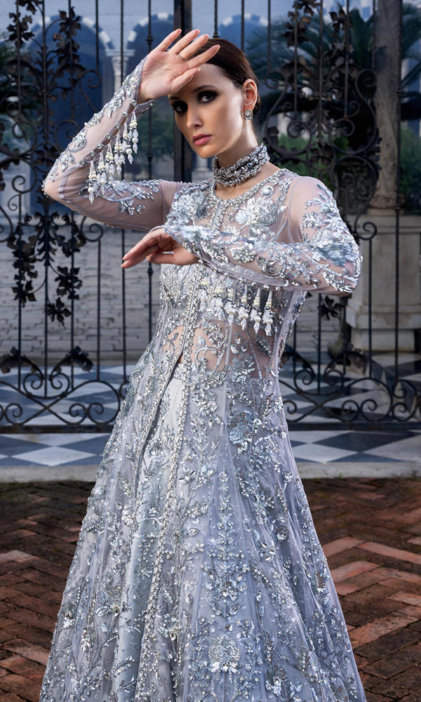 Pakistani Silver Embellished Net Gown (1-Pc) - Image 6