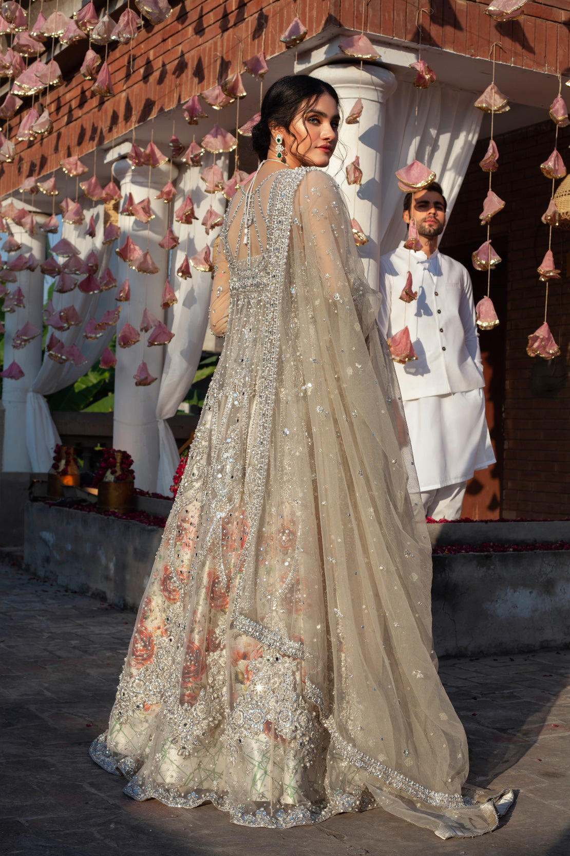 Silver Grey Embellished Net Bridal Gown (2-Piece) - Image 3