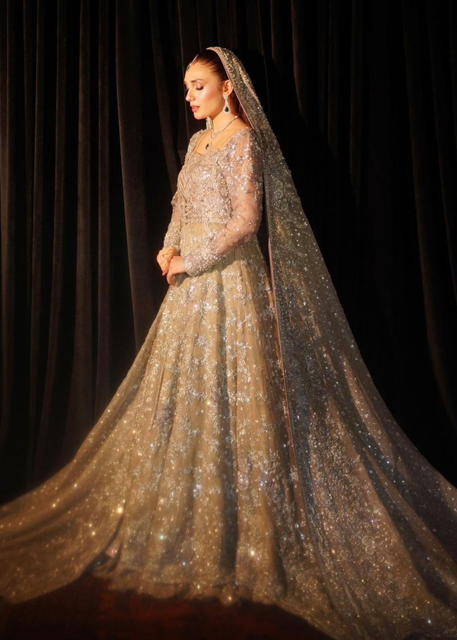 Pakistani Silver Grey Embellished Net Bridal Gown (2-Piece) - Image 1