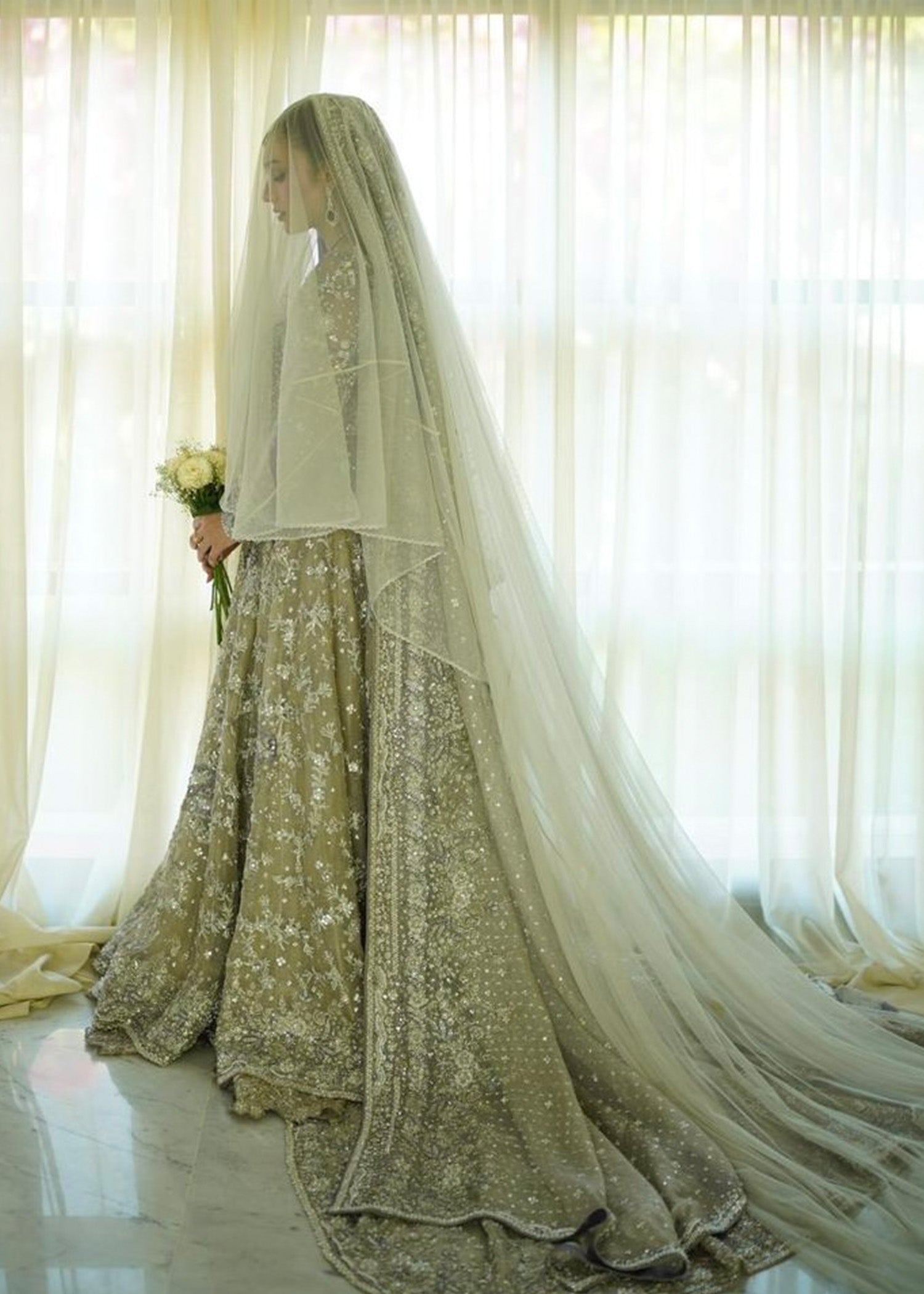 Pakistani Silver Grey Embellished Net Bridal Gown (2-Piece) - Image 10