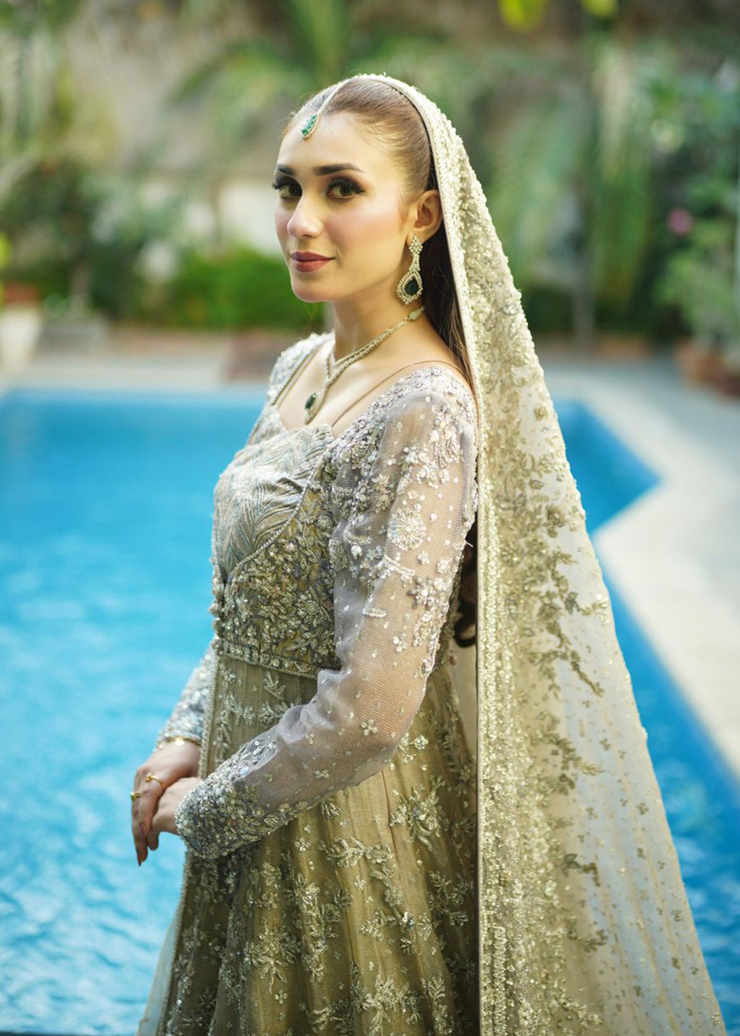 Pakistani Silver Grey Embellished Net Bridal Gown (2-Piece) - Image 11