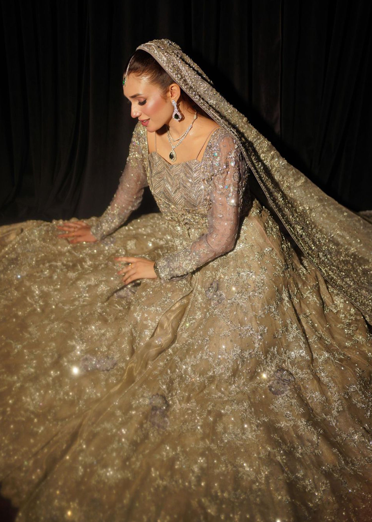 Pakistani Silver Grey Embellished Net Bridal Gown (2-Piece) - Image 12