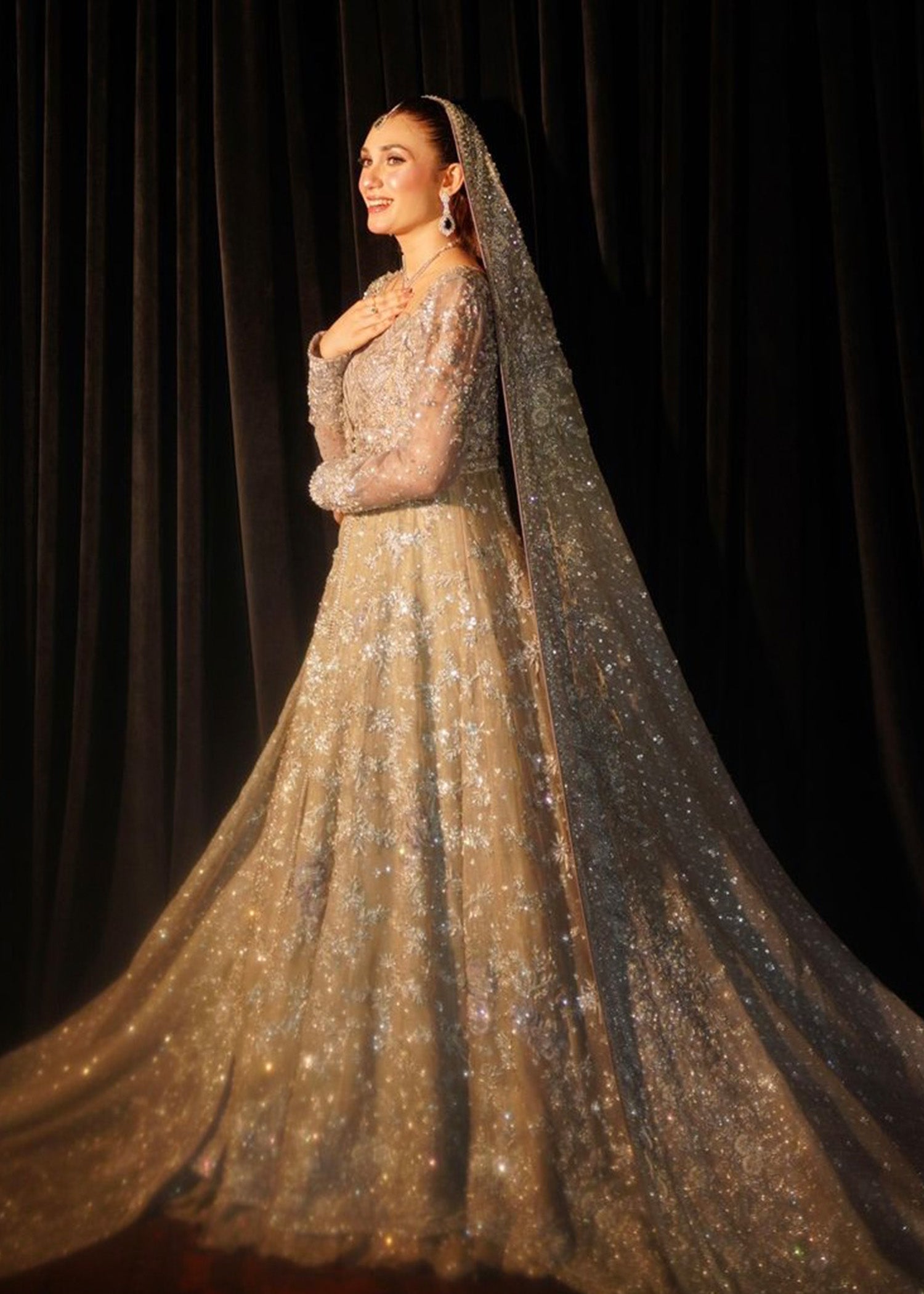 Pakistani Silver Grey Embellished Net Bridal Gown (2-Piece) - Image 13