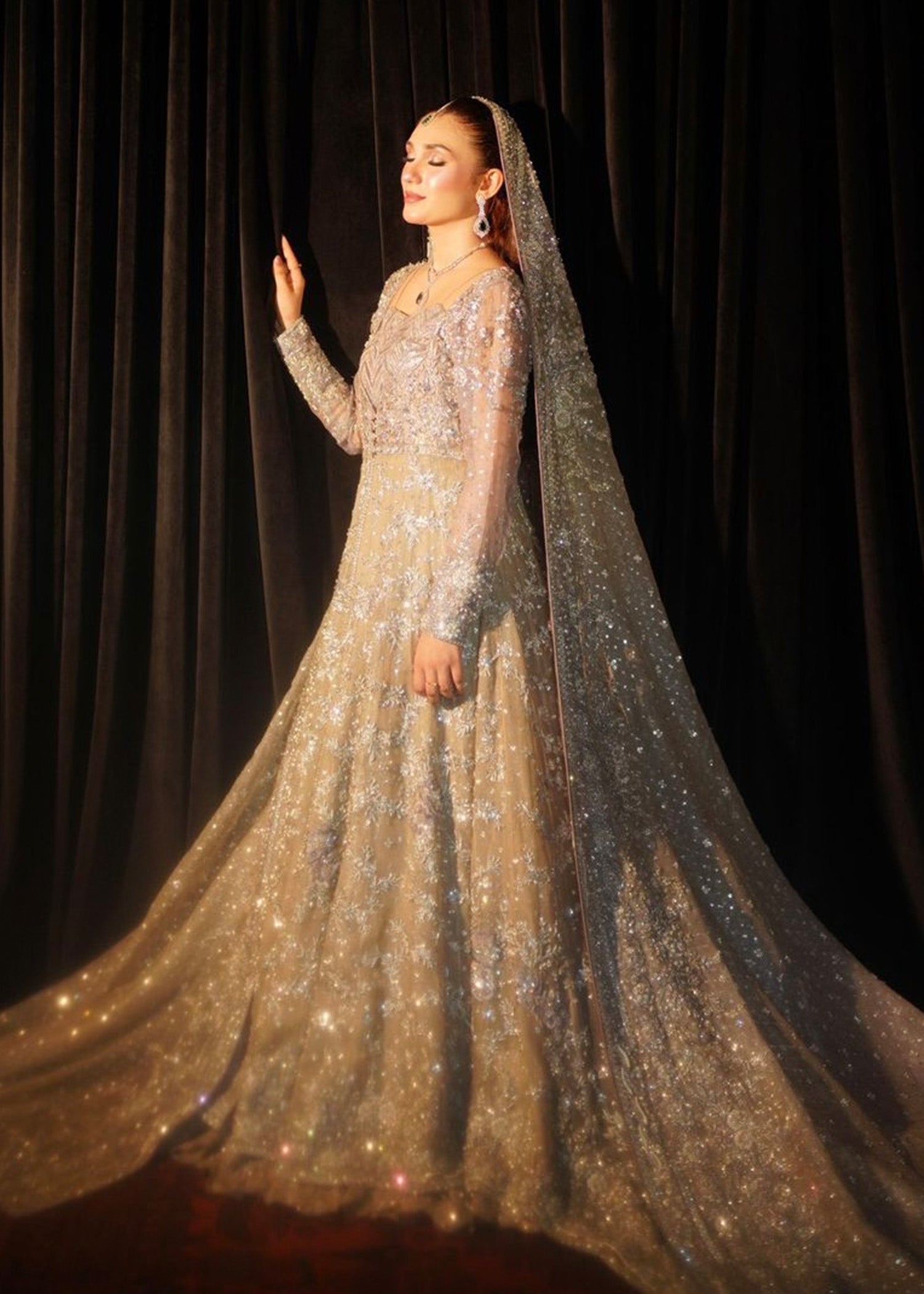 Pakistani Silver Grey Embellished Net Bridal Gown (2-Piece) - Image 14
