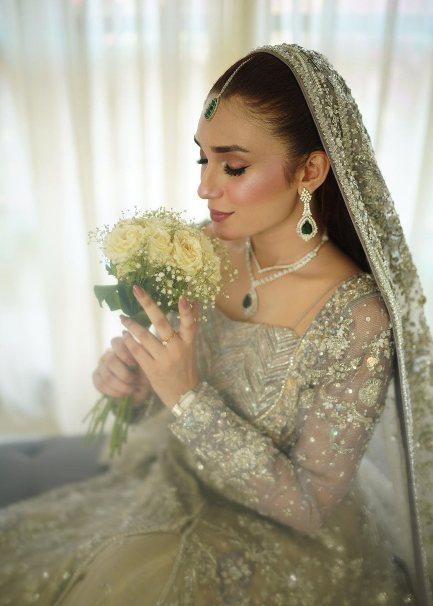 Pakistani Silver Grey Embellished Net Bridal Gown (2-Piece) - Image 15