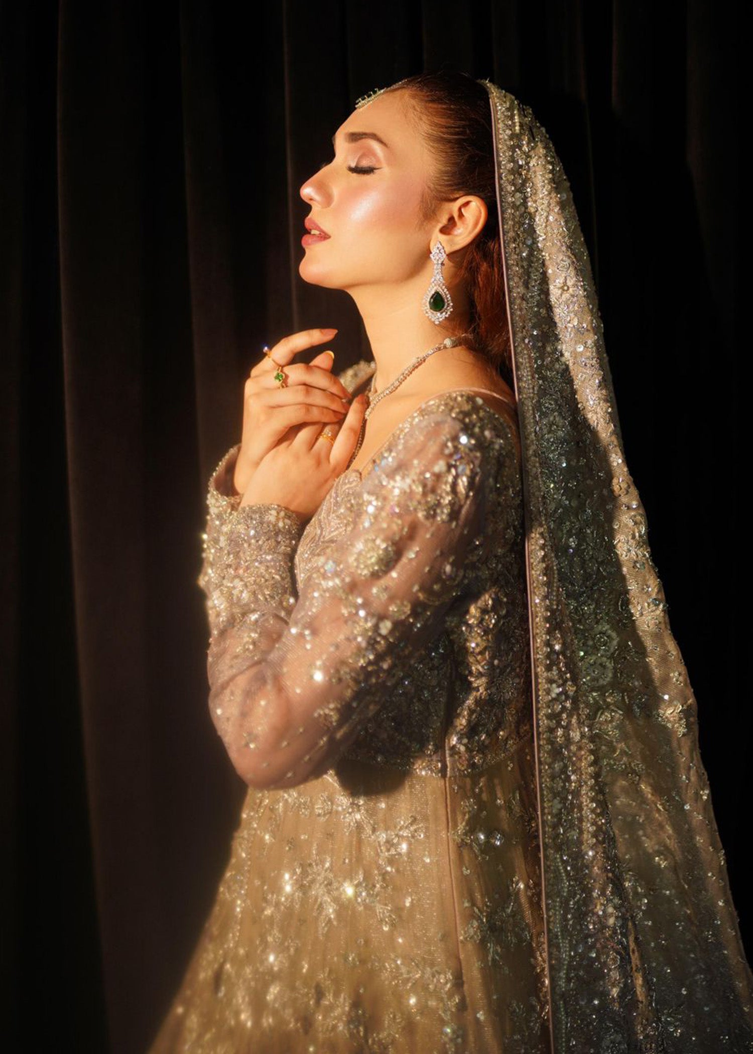 Pakistani Silver Grey Embellished Net Bridal Gown (2-Piece) - Image 2