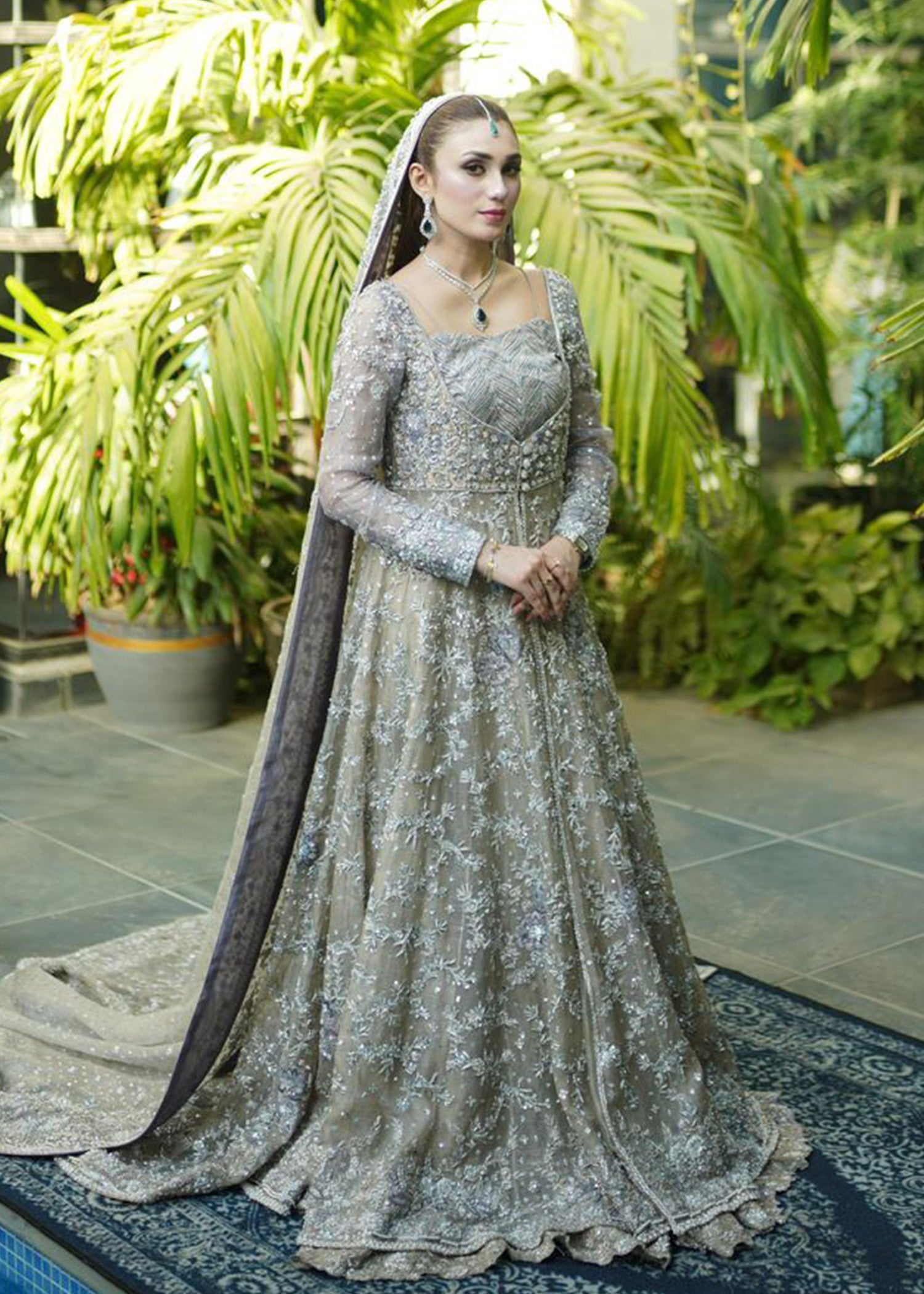 Pakistani Silver Grey Embellished Net Bridal Gown (2-Piece) - Image 3