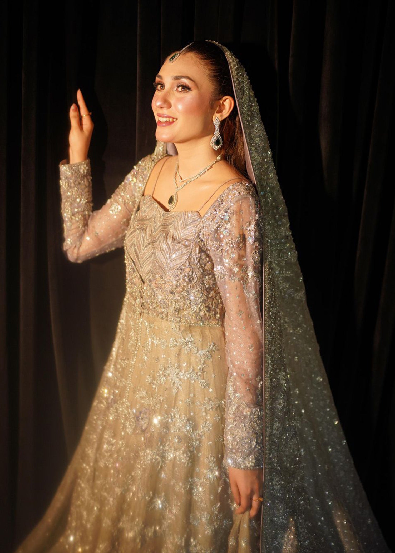 Pakistani Silver Grey Embellished Net Bridal Gown (2-Piece) - Image 5