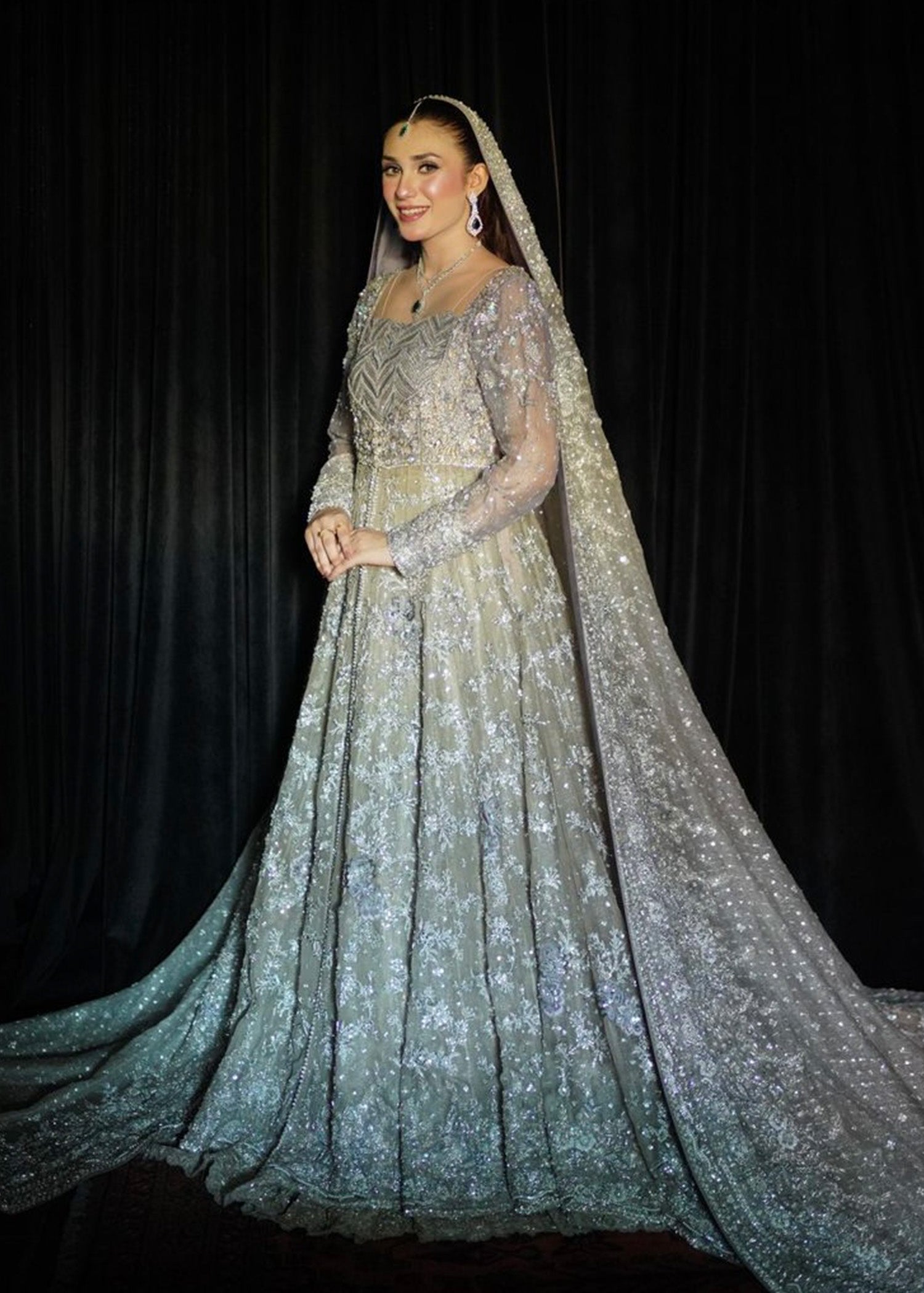 Pakistani Silver Grey Embellished Net Bridal Gown (2-Piece) - Image 6