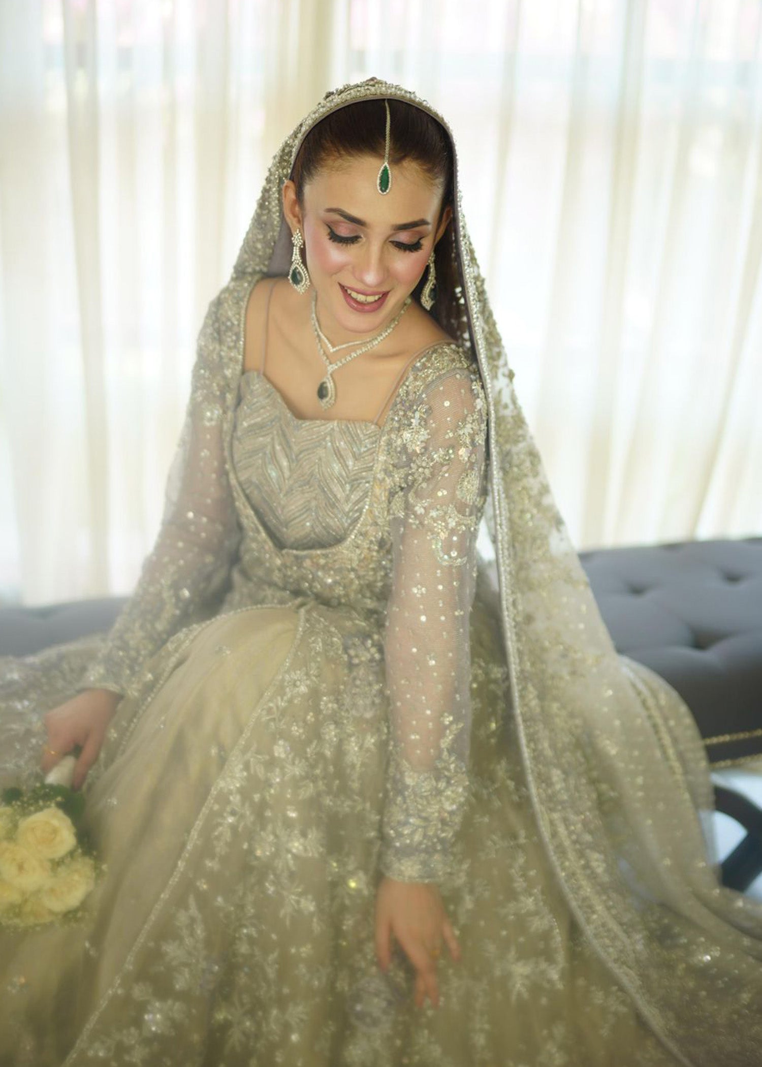 Pakistani Silver Grey Embellished Net Bridal Gown (2-Piece) - Image 9