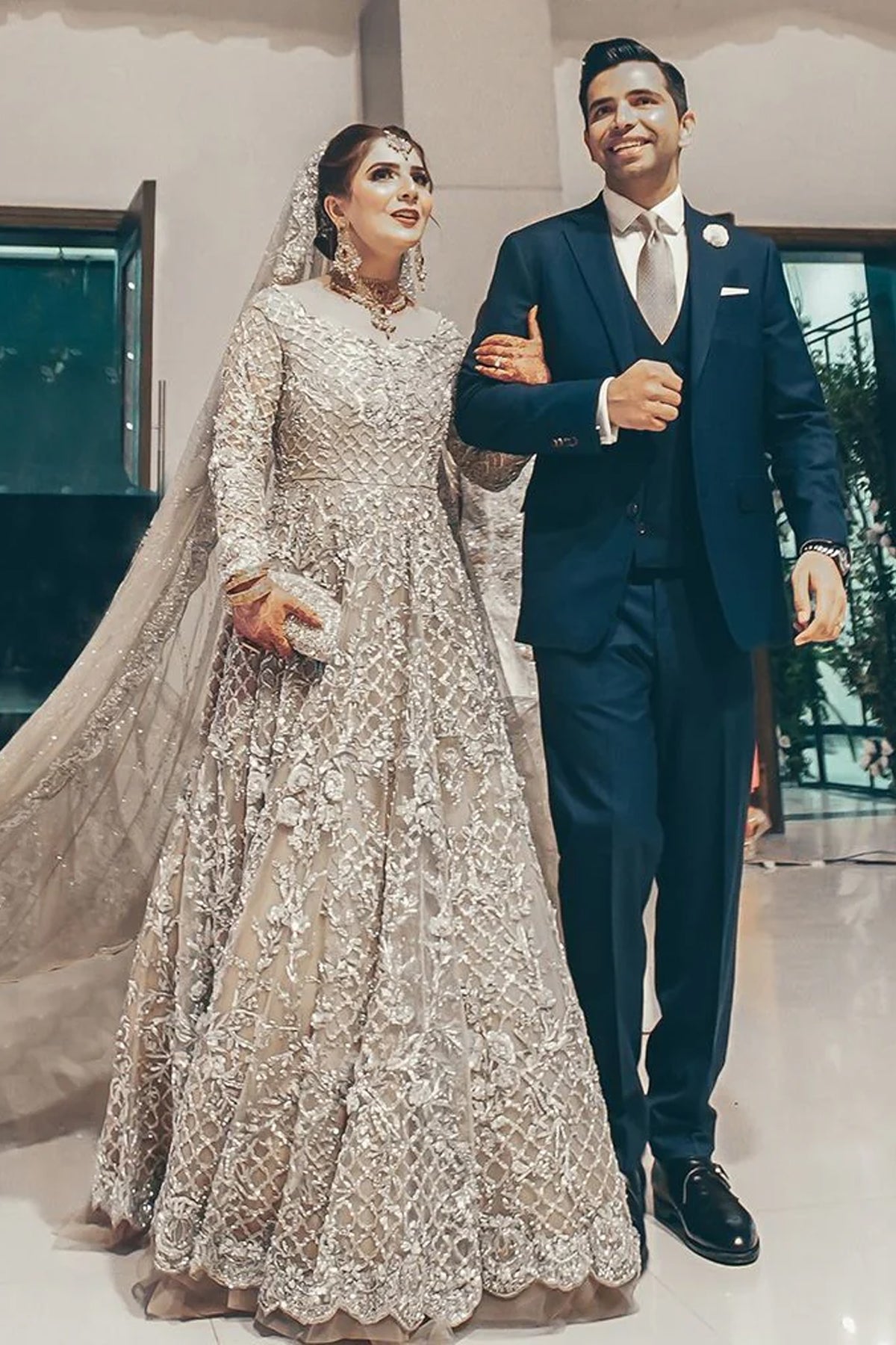 Pakistani Silver Embroidered Net Bridal Gown (2-Piece) - Image 1