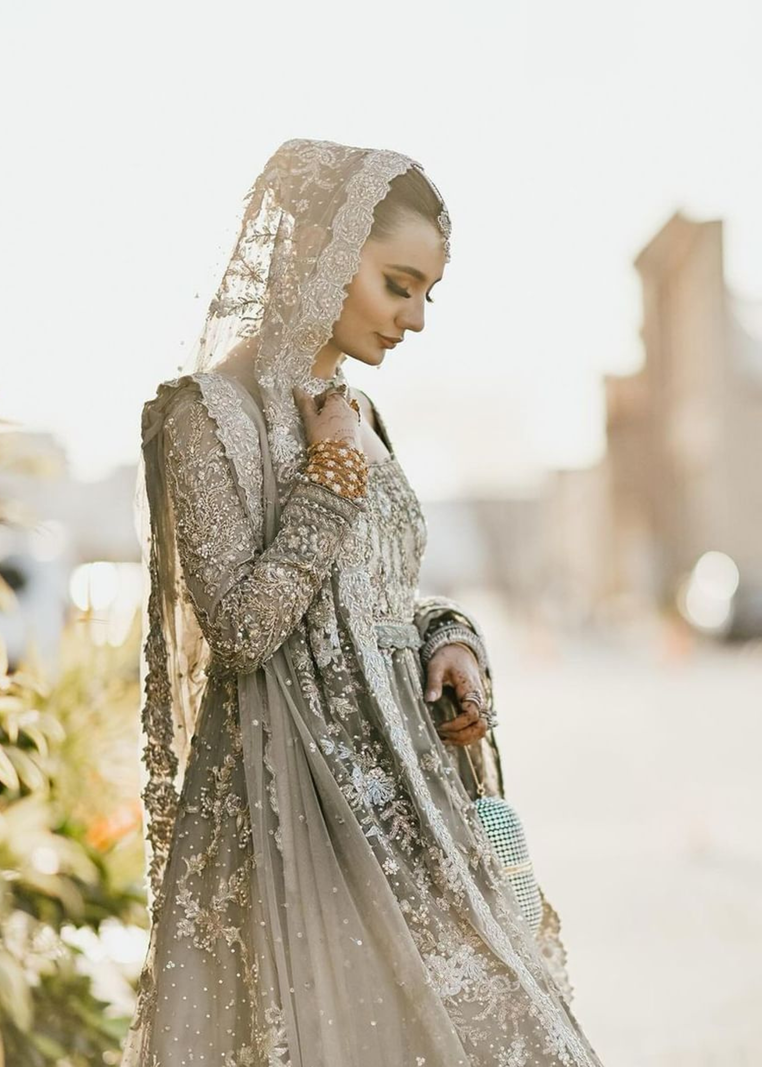 Silver Grey Embellished Net Silk Bridal Gown (2-Piece) - Image 2