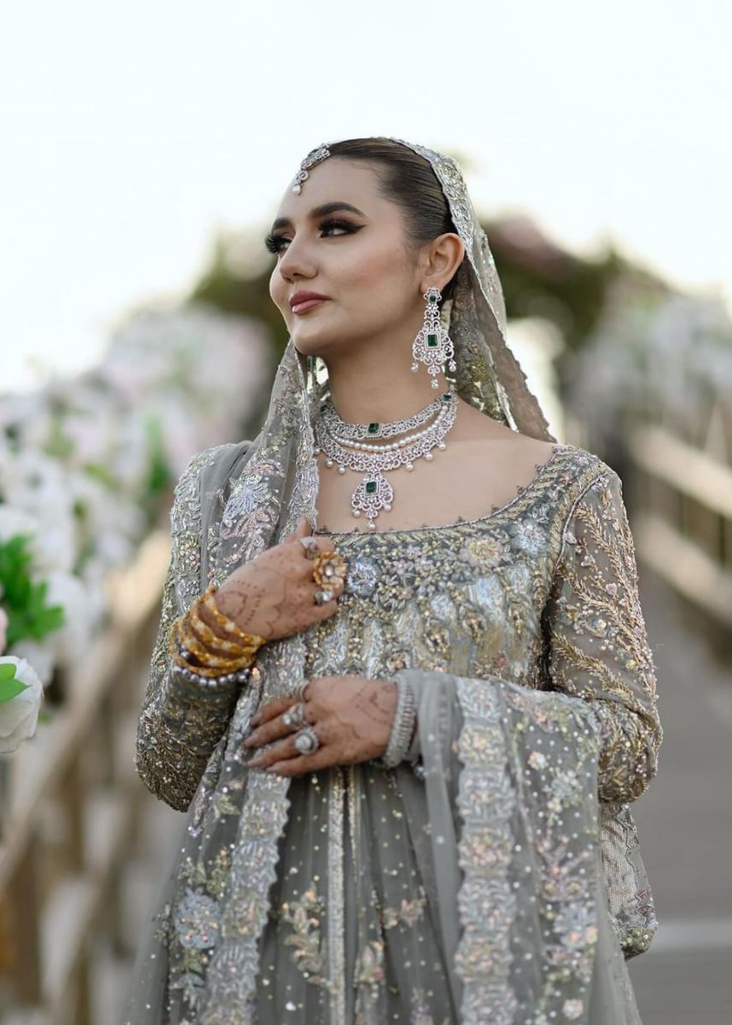 Silver Grey Embellished Net Silk Bridal Gown (2-Piece) - Image 3