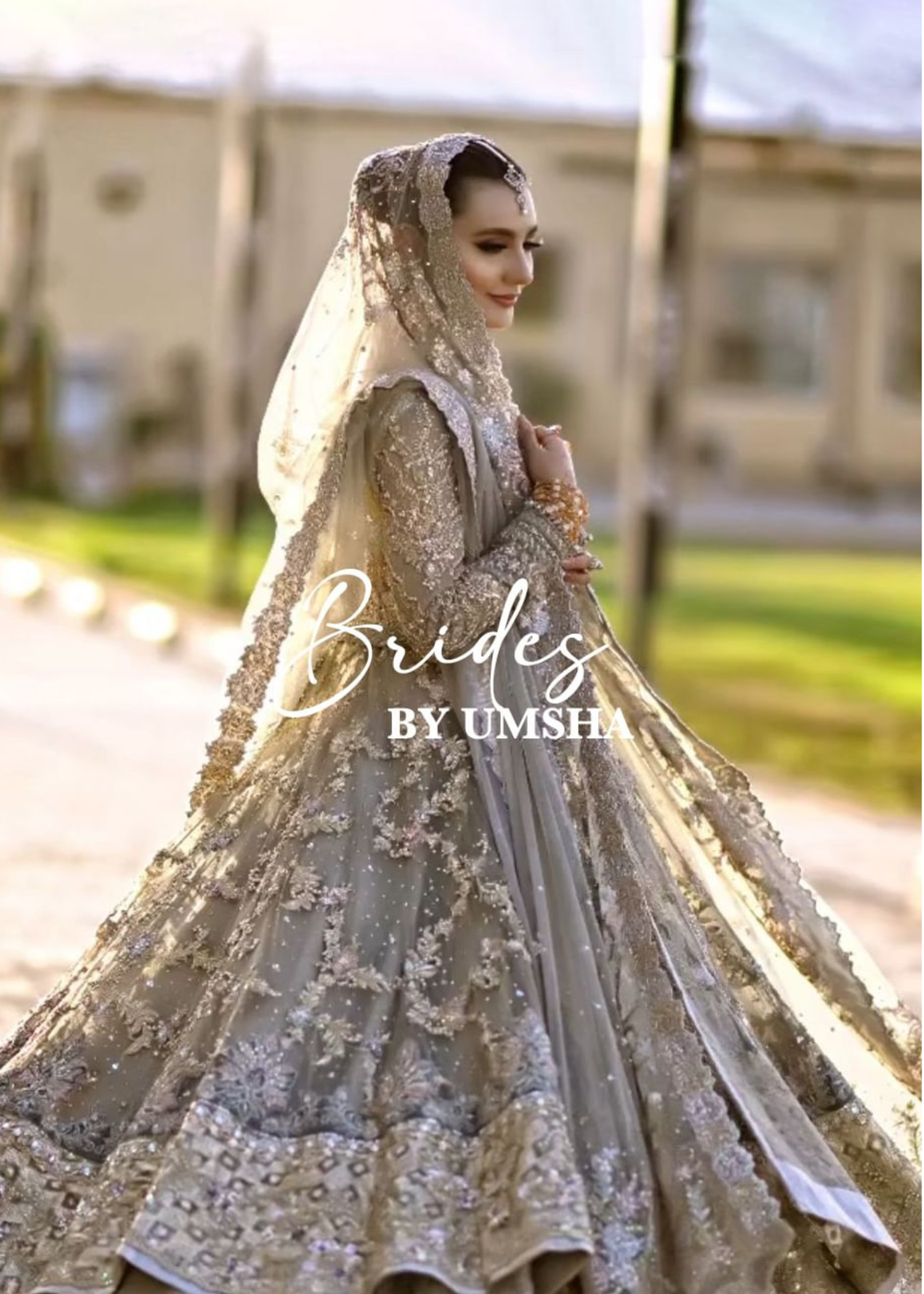 Silver Grey Embellished Net Silk Bridal Gown (2-Piece) - Image 6