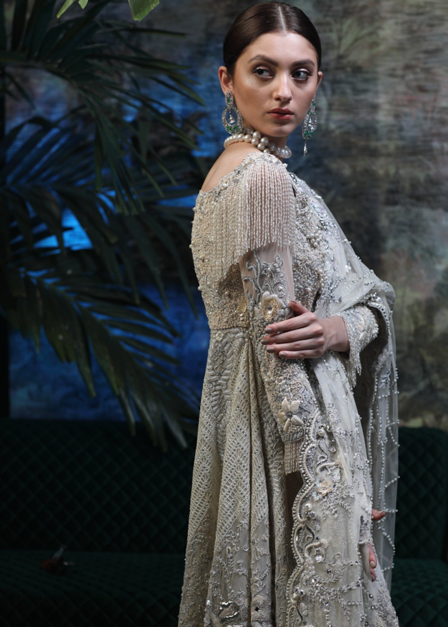 Pakistani Silver Grey Embellished Net Bridal Gown (2-Piece) - Image 3