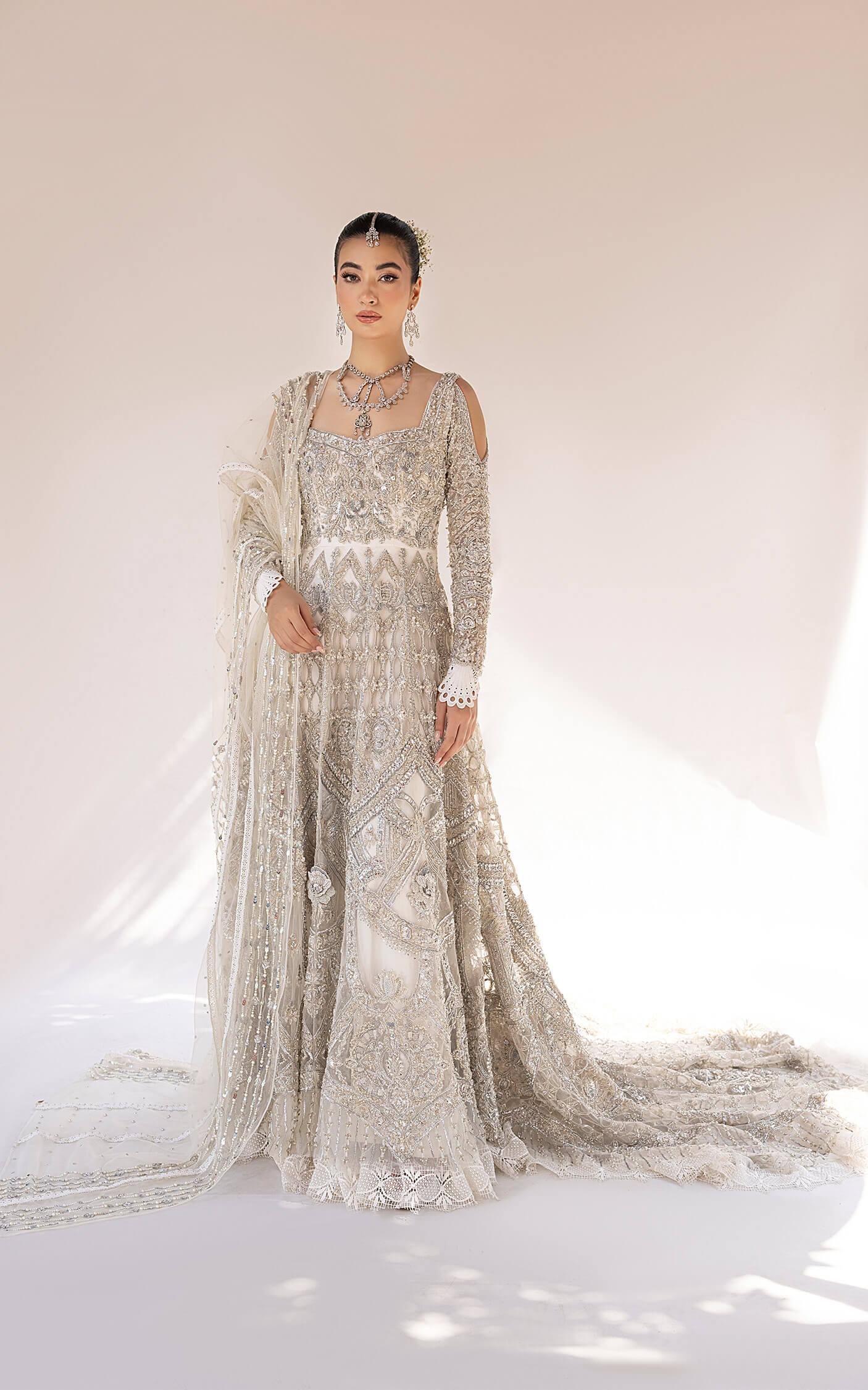 Silver Embellished Net Bridal Gown (2-Piece) - Image 10