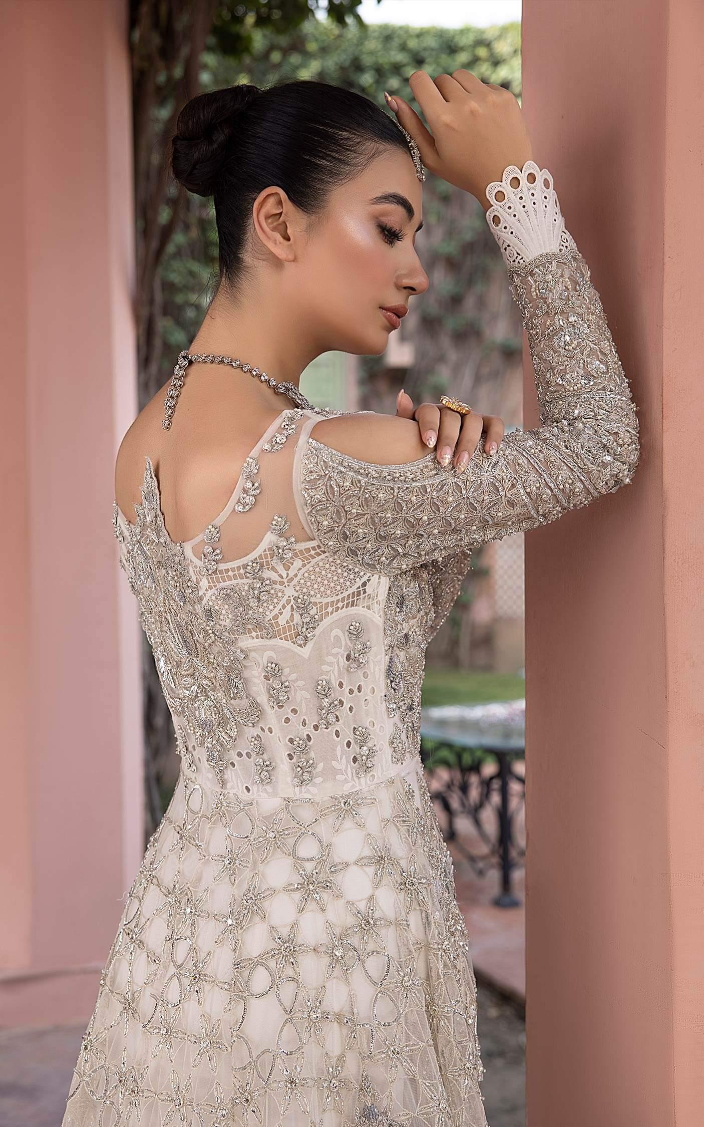 Silver Embellished Net Bridal Gown (2-Piece) - Image 6