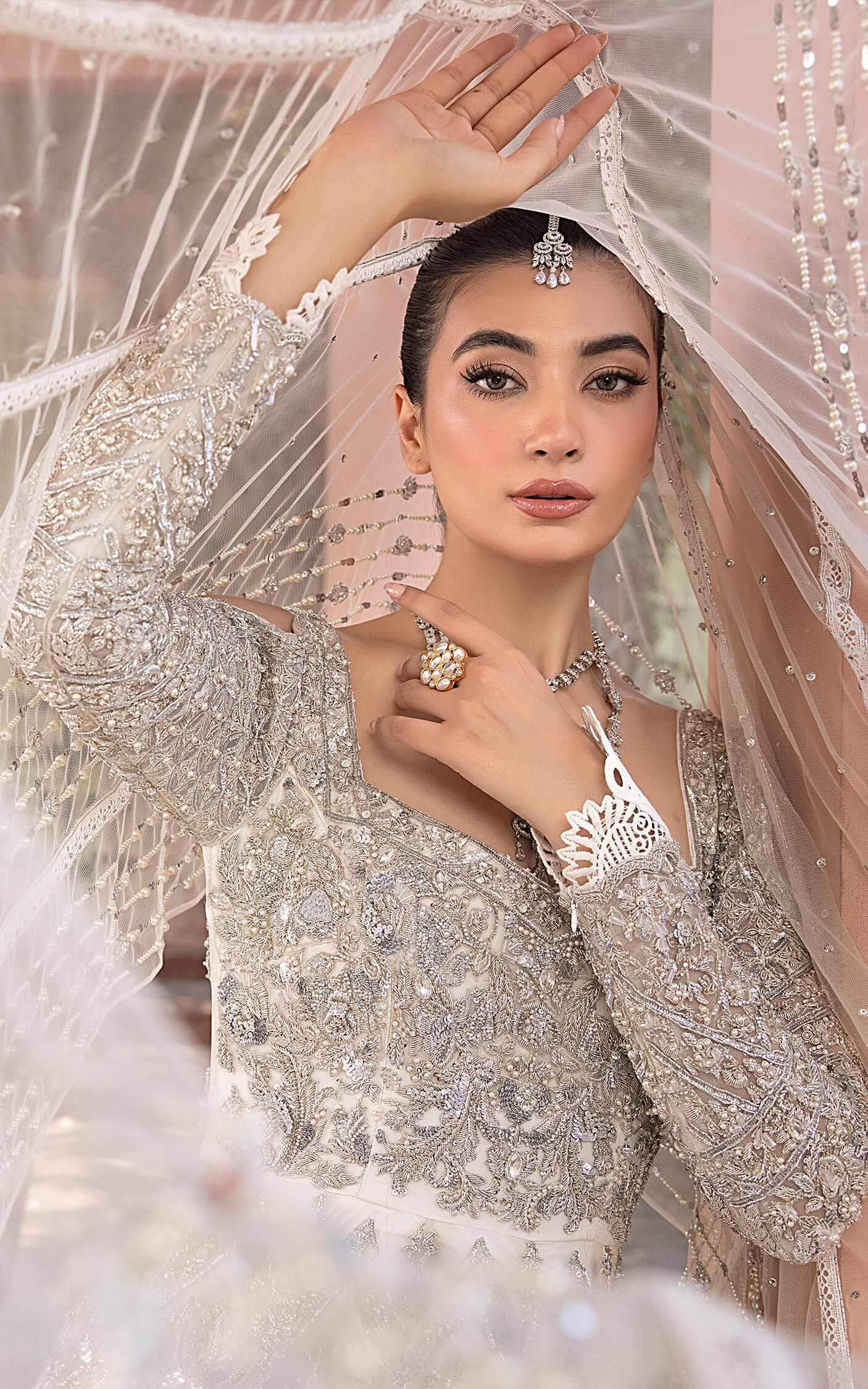 Silver Embellished Net Bridal Gown (2-Piece) - Image 7