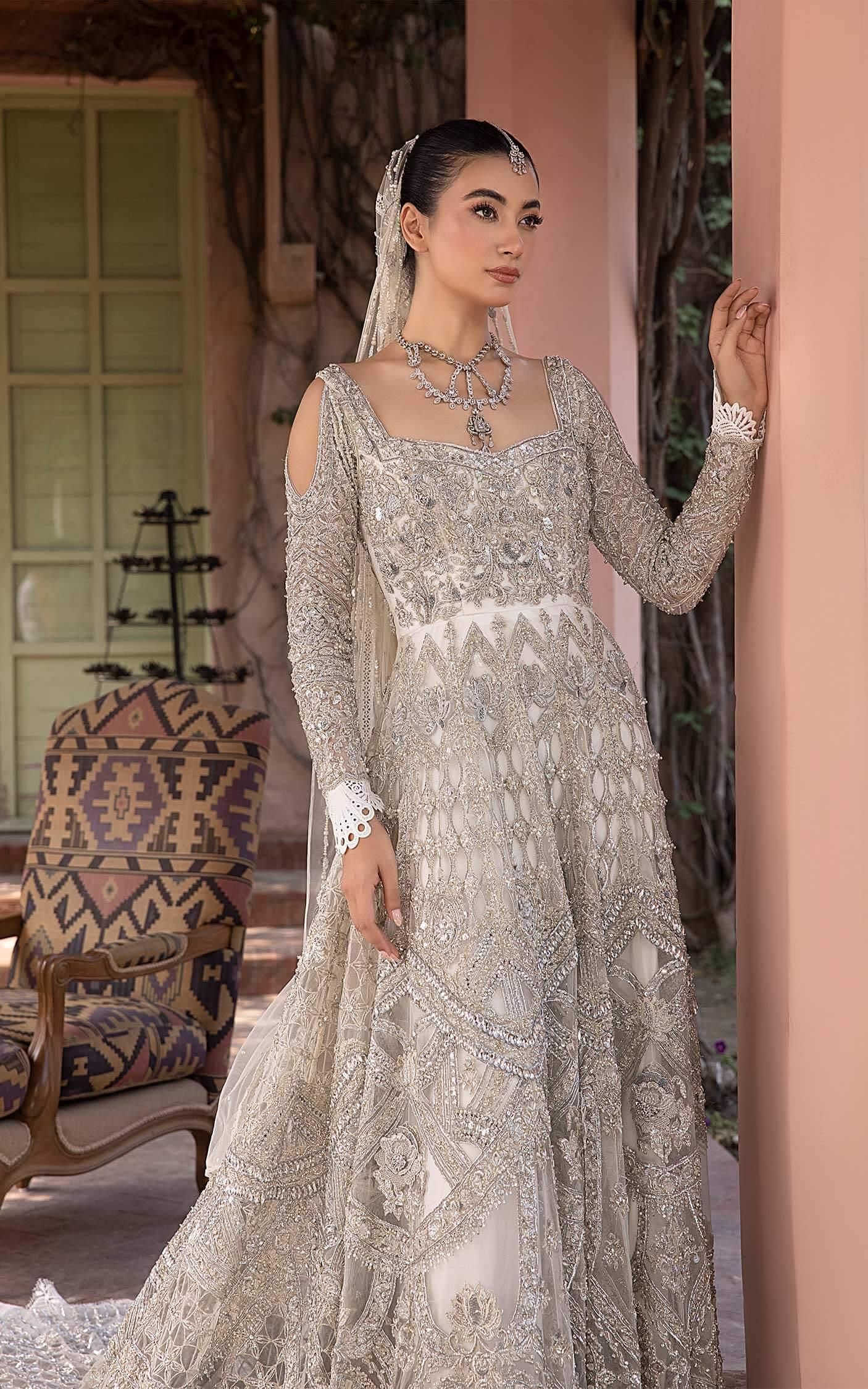 Silver Embellished Net Bridal Gown (2-Piece) - Image 8