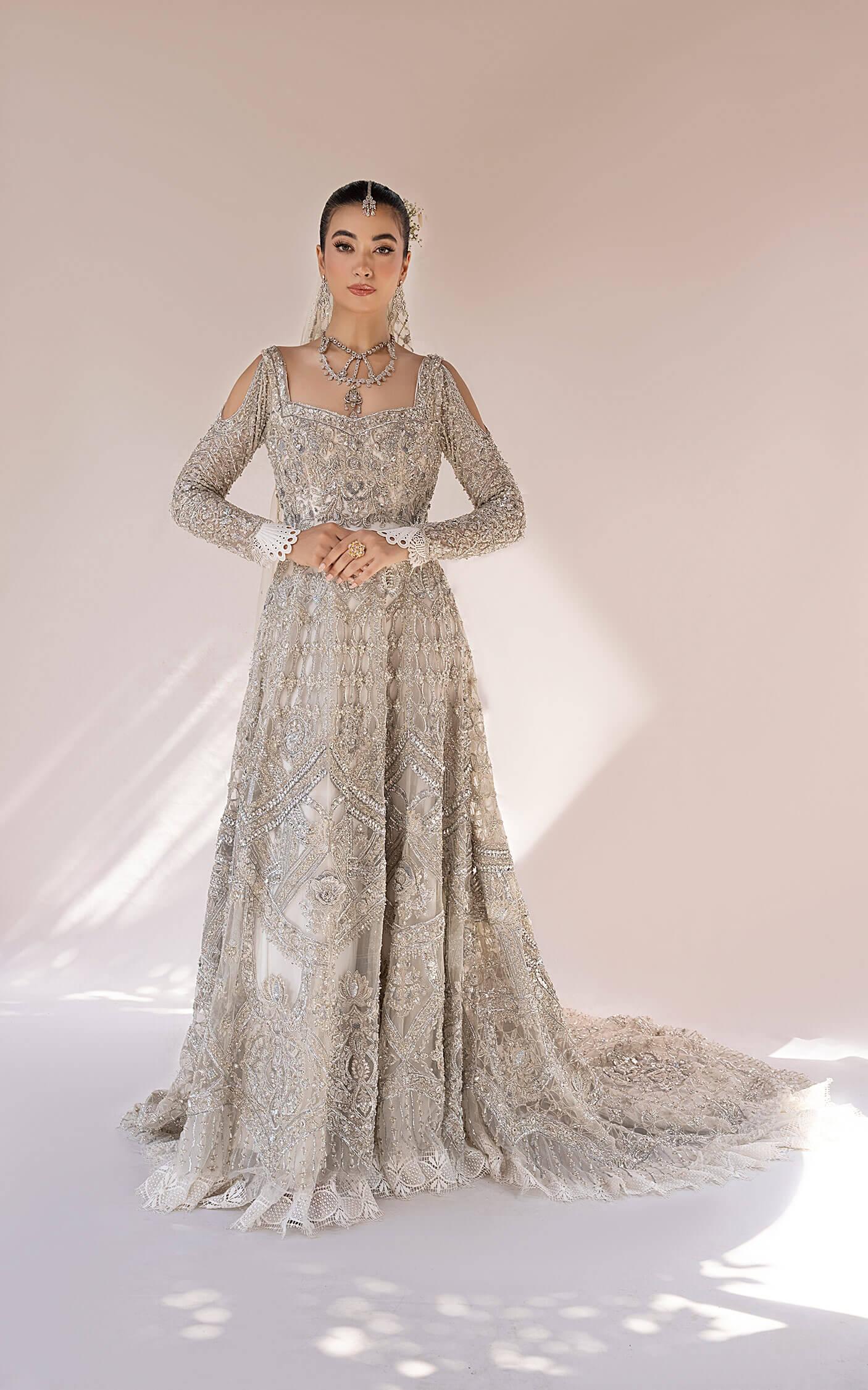 Silver Embellished Net Bridal Gown (2-Piece) - Image 9