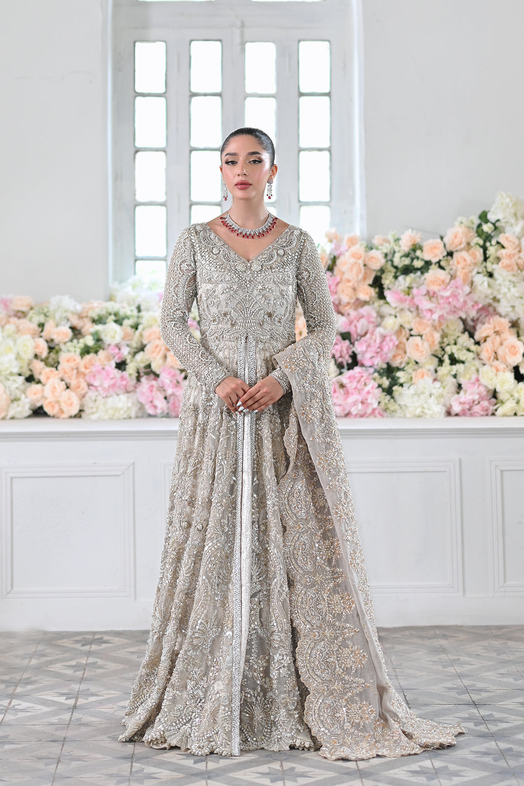 Pakistani Silver Embellished Net Bridal Gown (2-Piece) - Image 1