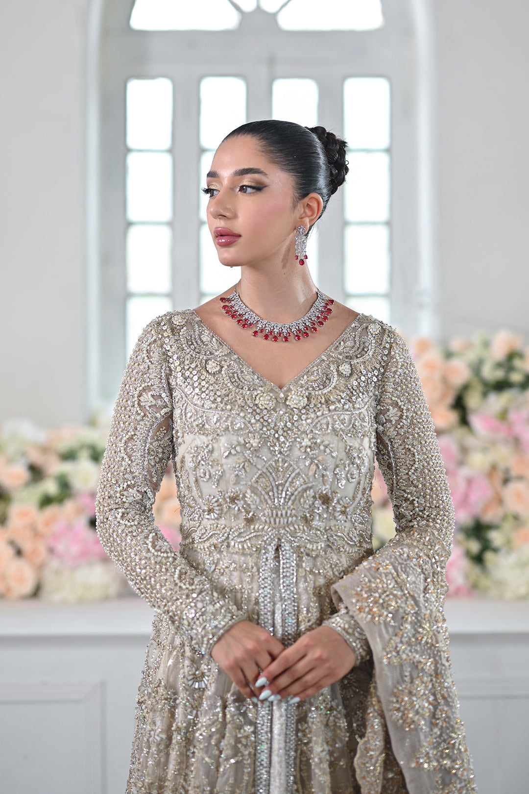 Pakistani Silver Embellished Net Bridal Gown (2-Piece) - Image 2