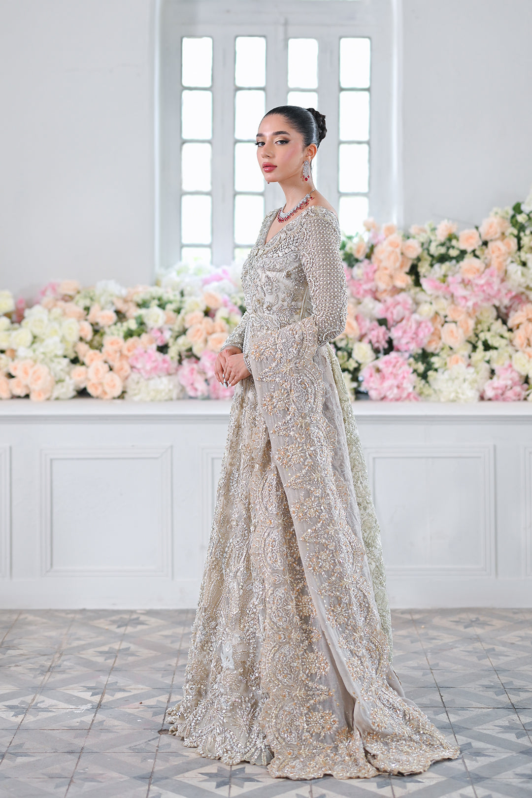 Pakistani Silver Embellished Net Bridal Gown (2-Piece) - Image 3