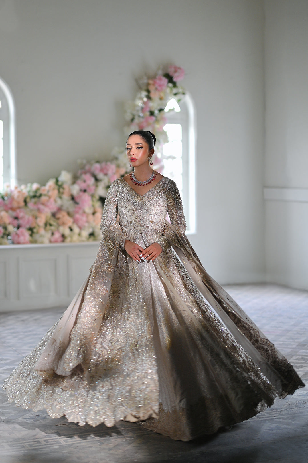 Pakistani Silver Embellished Net Bridal Gown (2-Piece) - Image 4