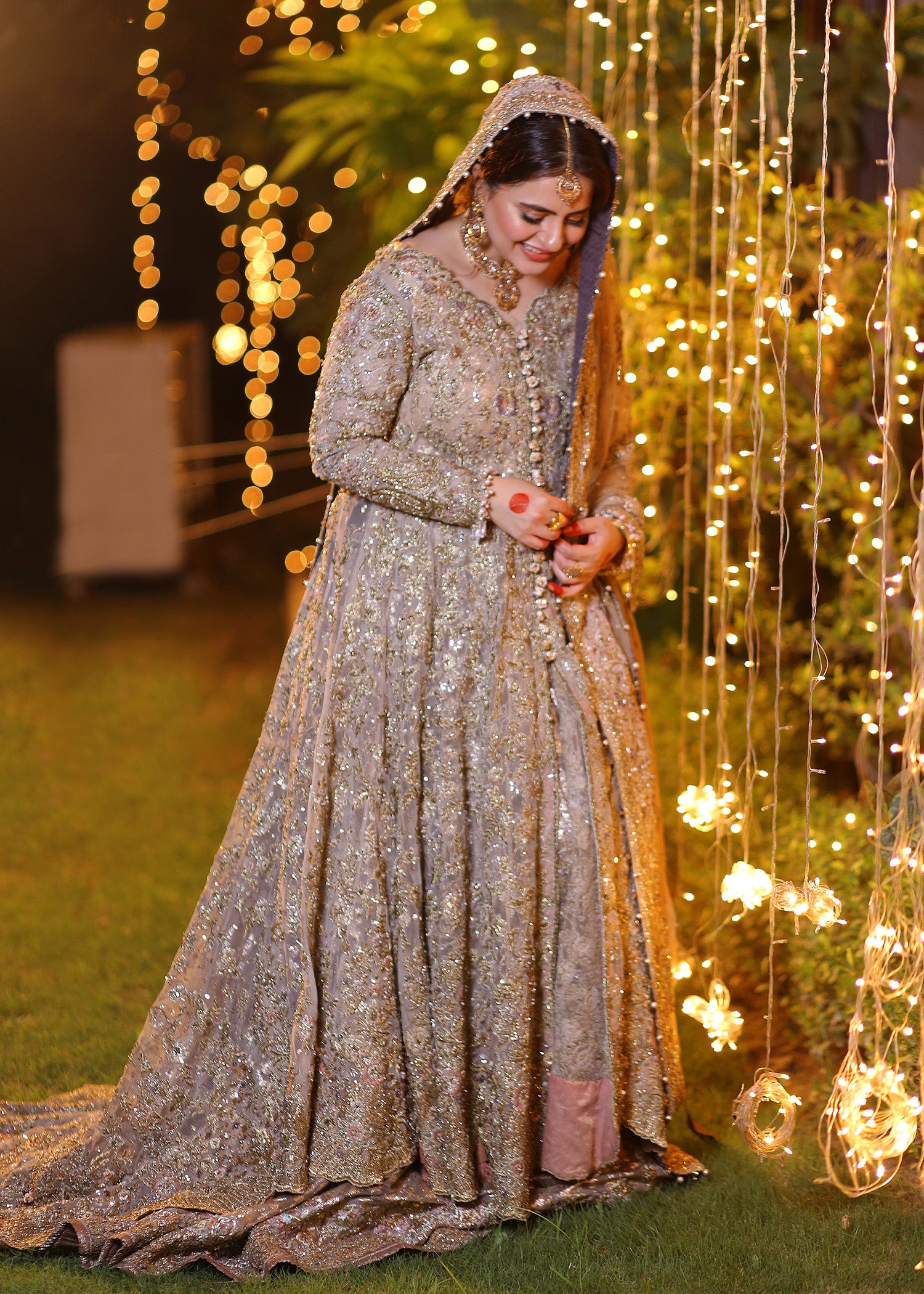 Silver Grey Embellished Net Bridal Gown (2-Piece) - Image 3