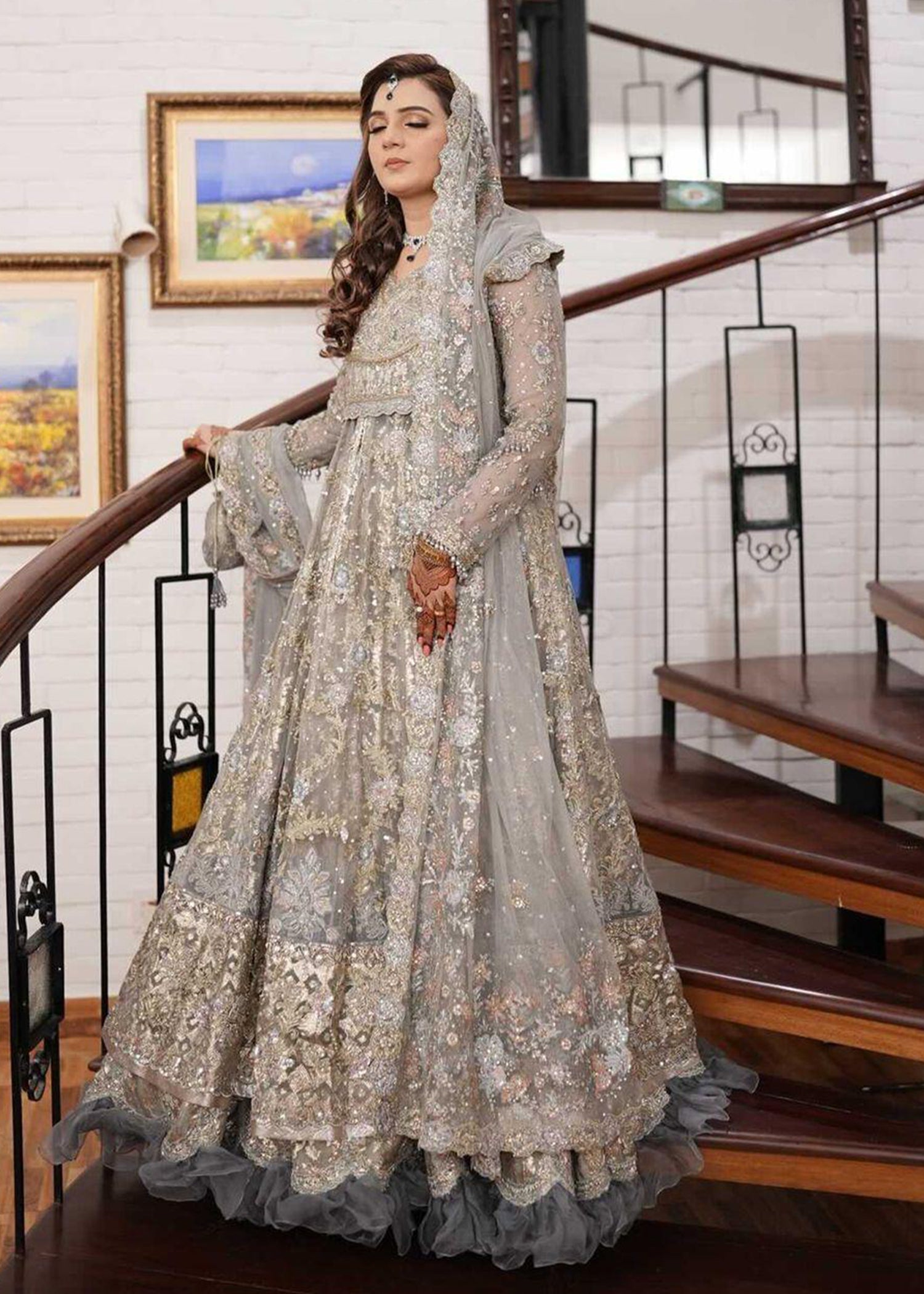 Pakistani Silver Grey Embellished Net Bridal Gown (2-Piece) - Image 1