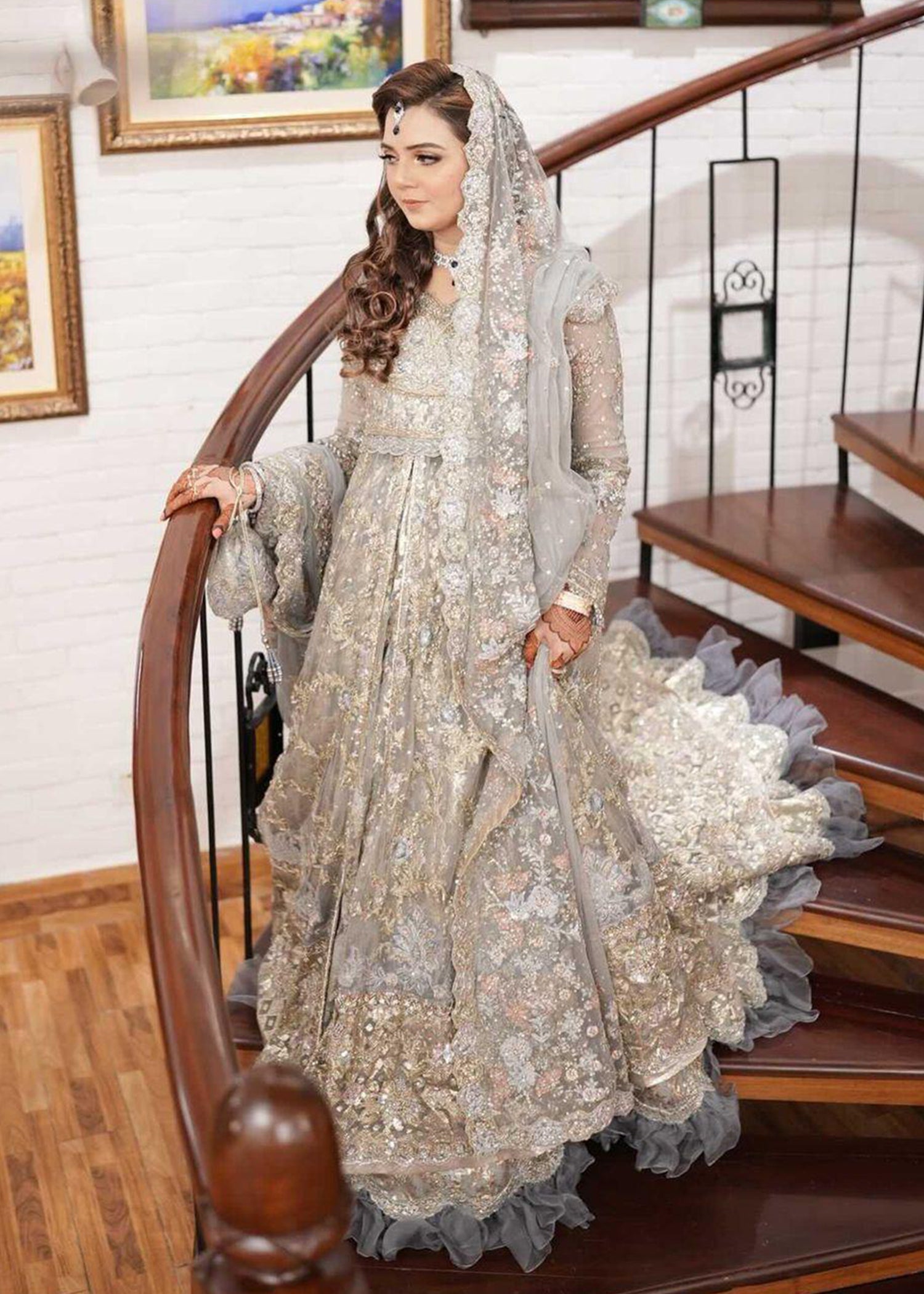 Pakistani Silver Grey Embellished Net Bridal Gown (2-Piece) - Image 10