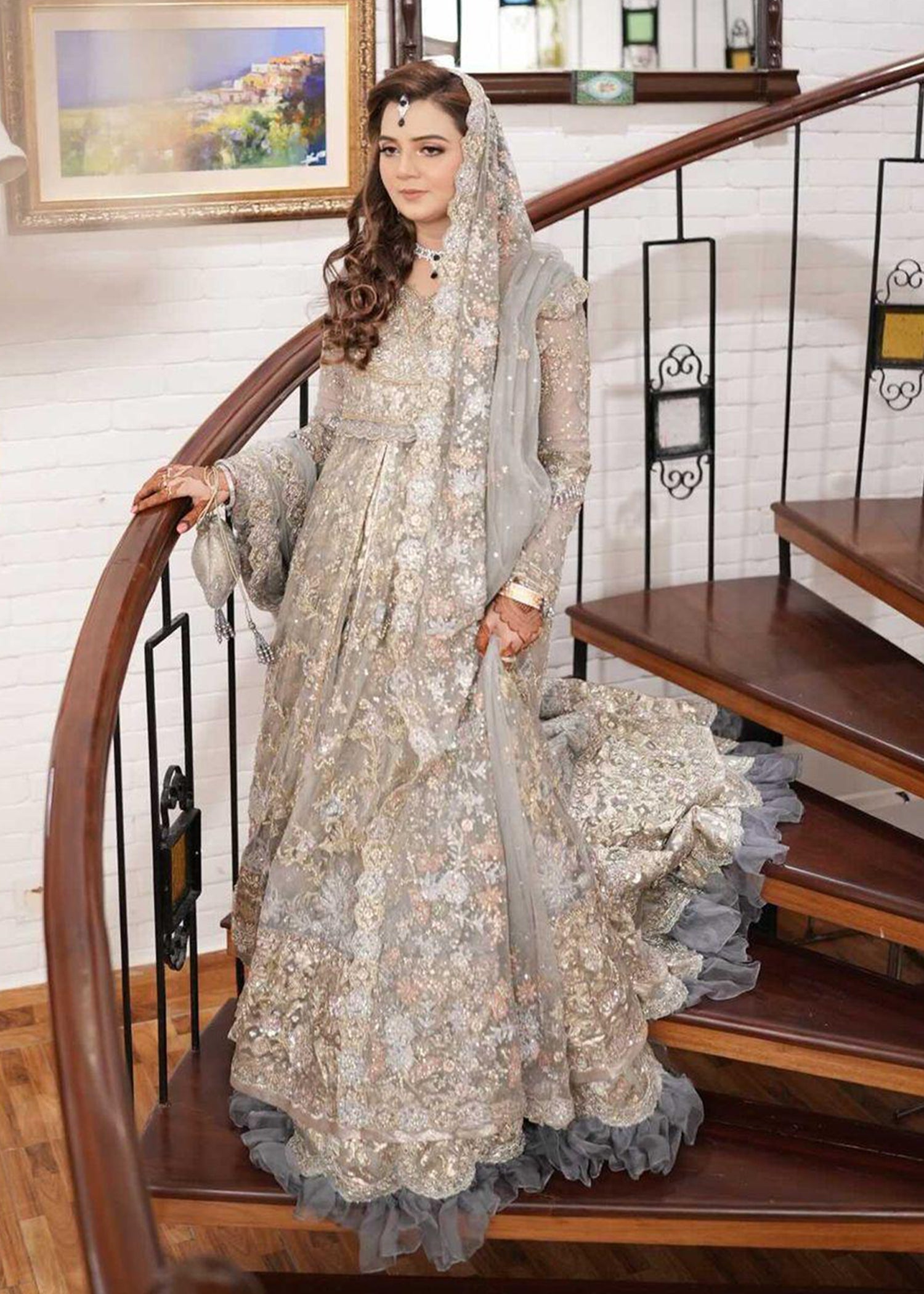 Pakistani Silver Grey Embellished Net Bridal Gown (2-Piece) - Image 11