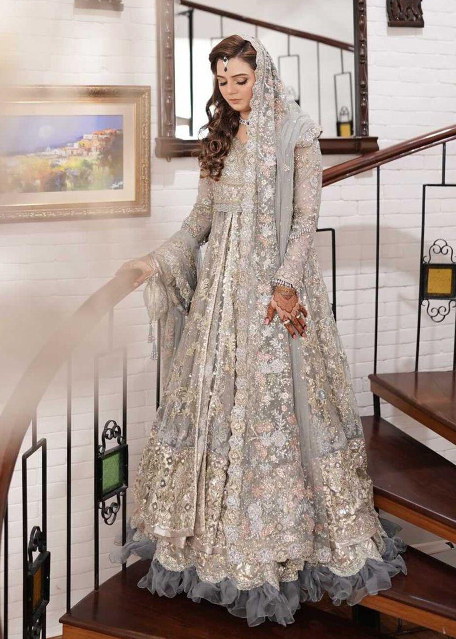 Pakistani Silver Grey Embellished Net Bridal Gown (2-Piece) - Image 12