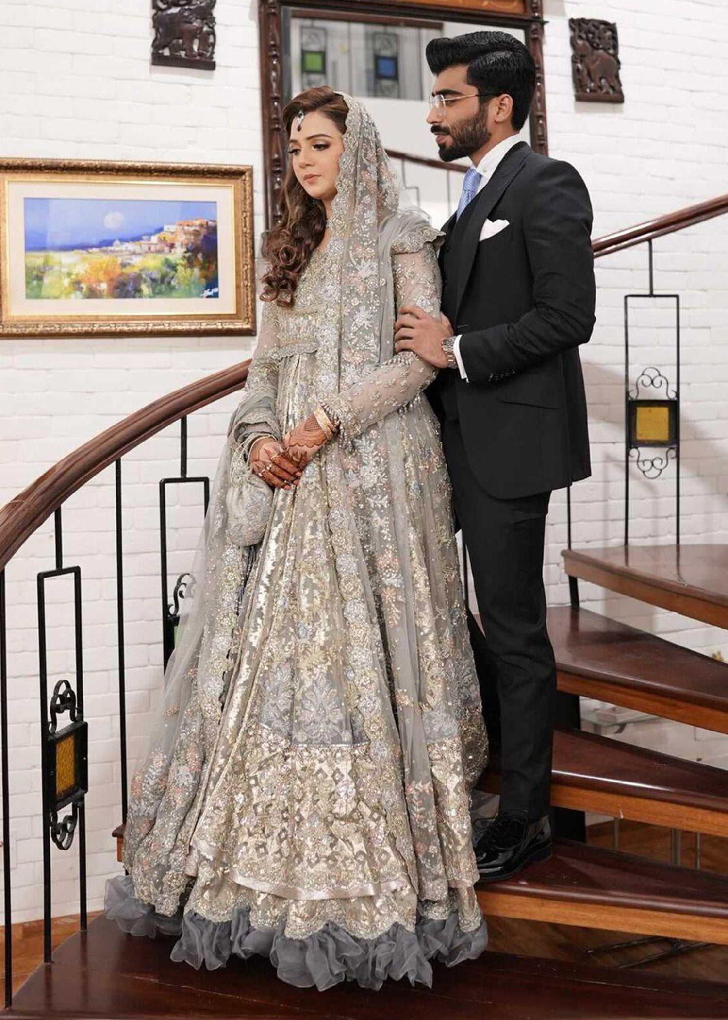 Pakistani Silver Grey Embellished Net Bridal Gown (2-Piece) - Image 13
